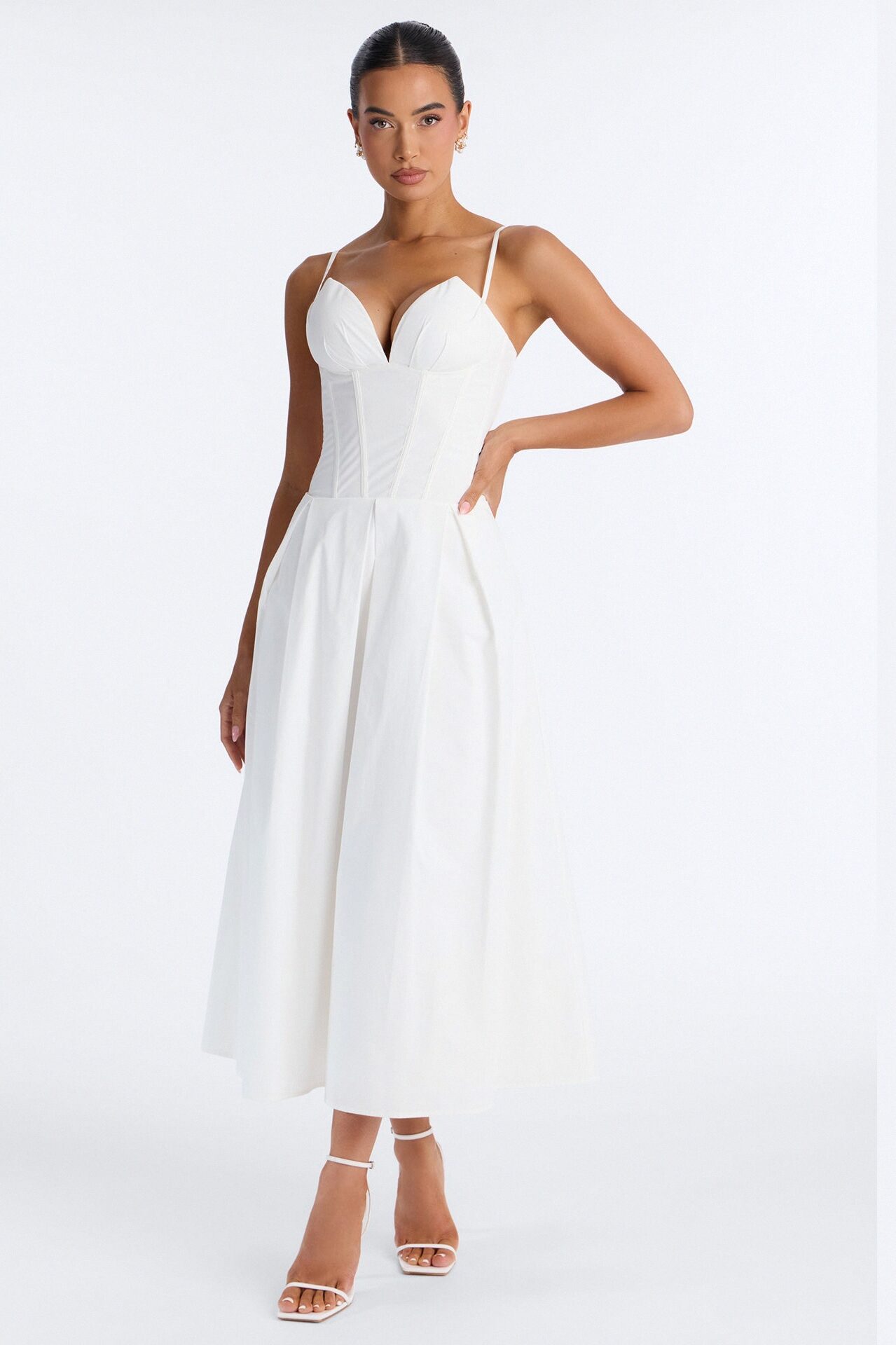 Estella Corset Poplin Midi Dress - White