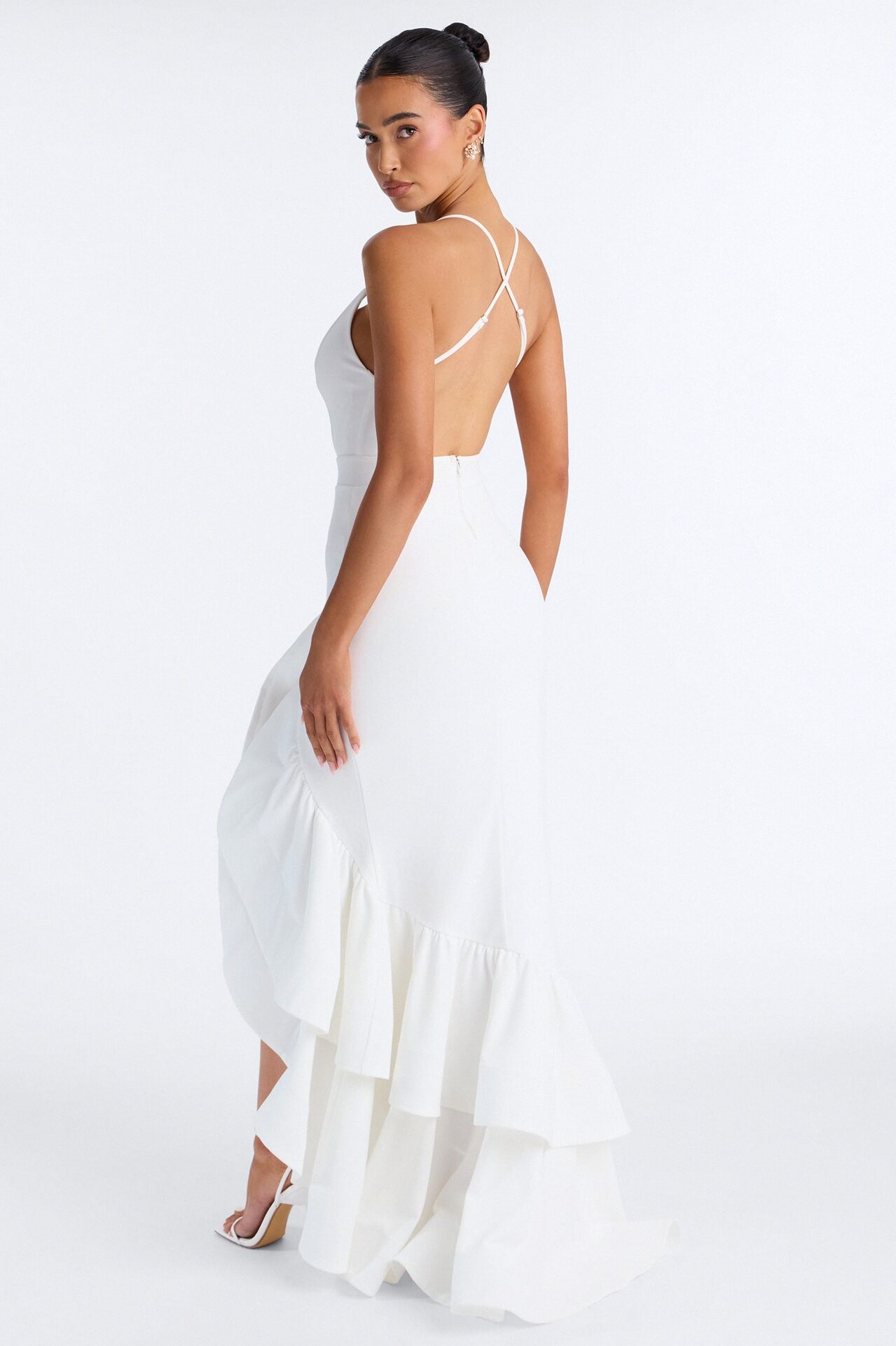Selene Deep Neckline Ruffle Gown - Ivory