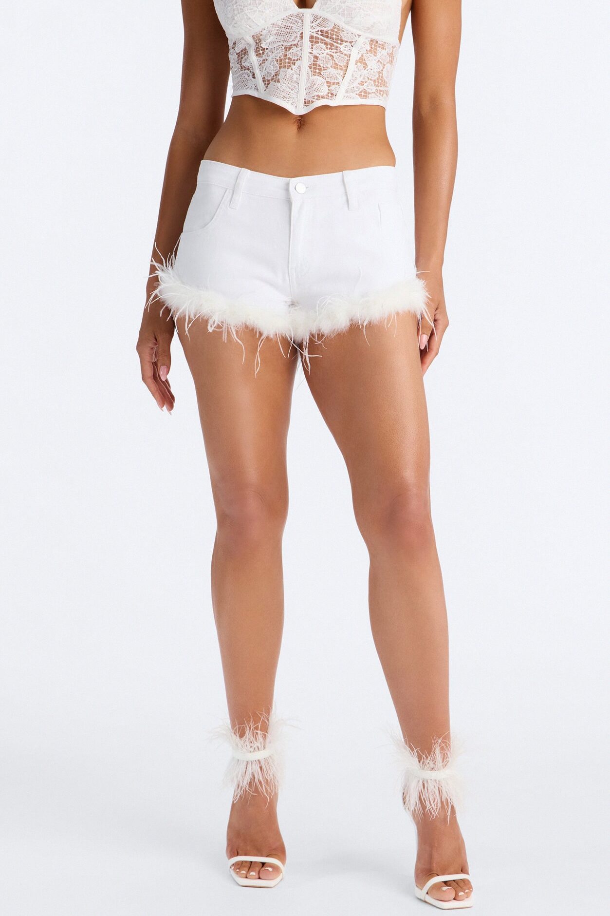 Nessa Twill Low Rise Feather Trim Micro Short - White