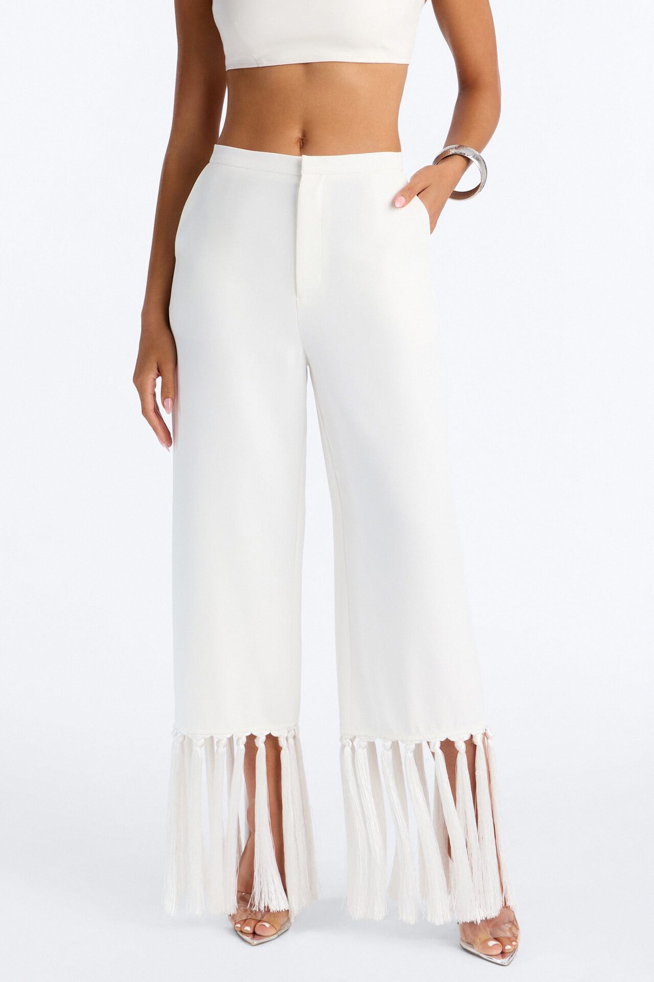 Samantha High Rise Wide Leg Tassel Fringe Trouser - Ivory
