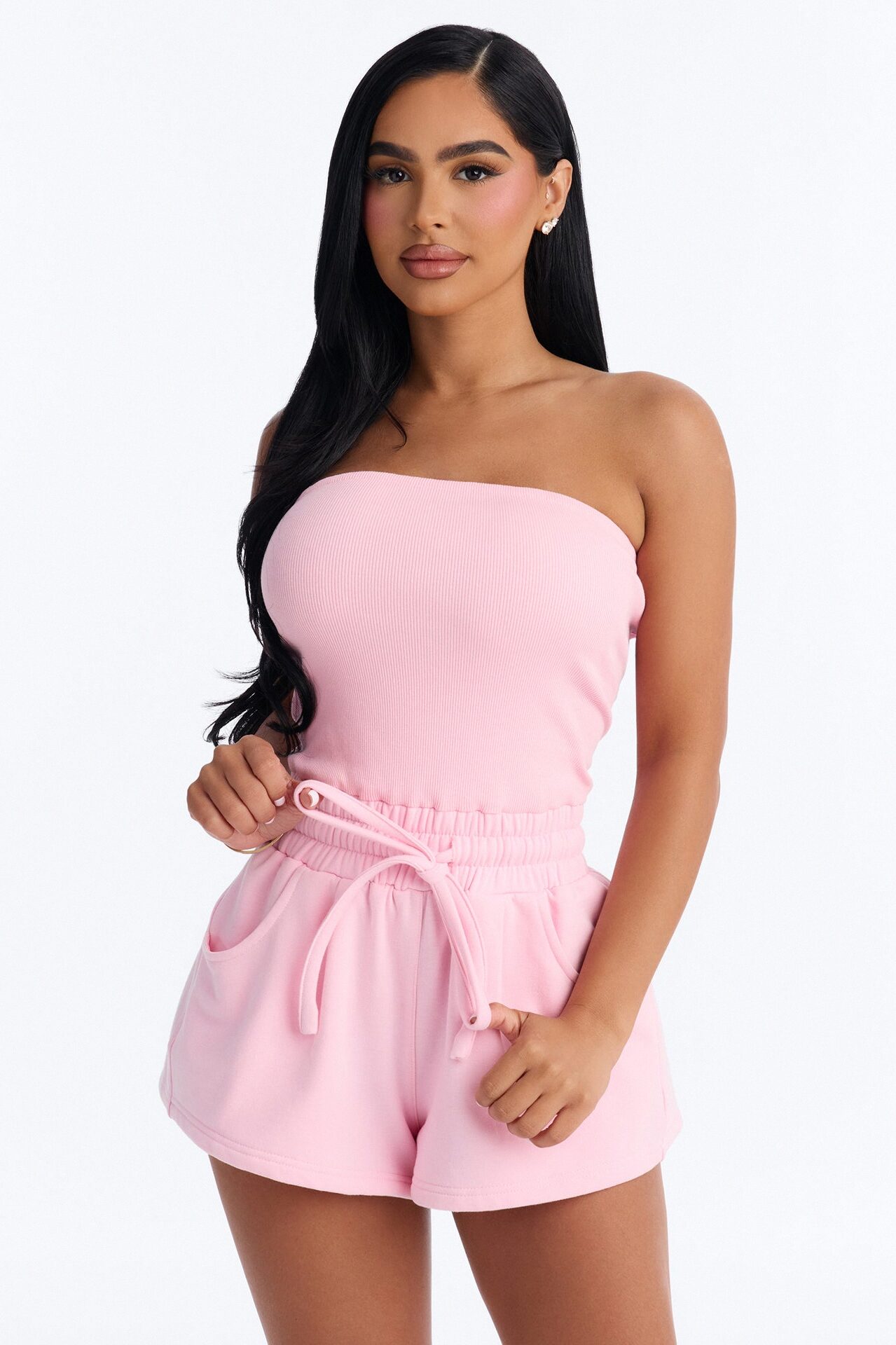 Jules Knit Tube With Fleece Short Romper - Pink