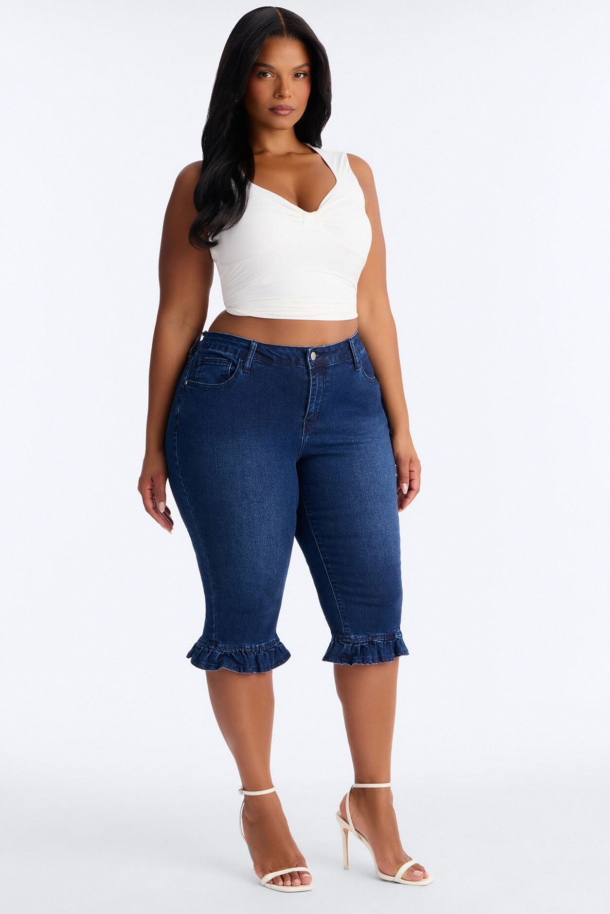 Steal The Show Ruffle Denim Capris - Dark Wash
