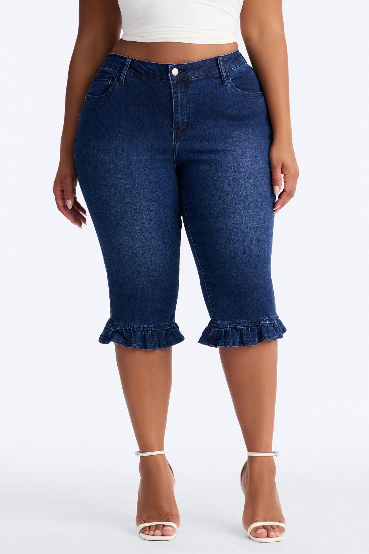 Steal The Show Ruffle Denim Capris - Dark Wash