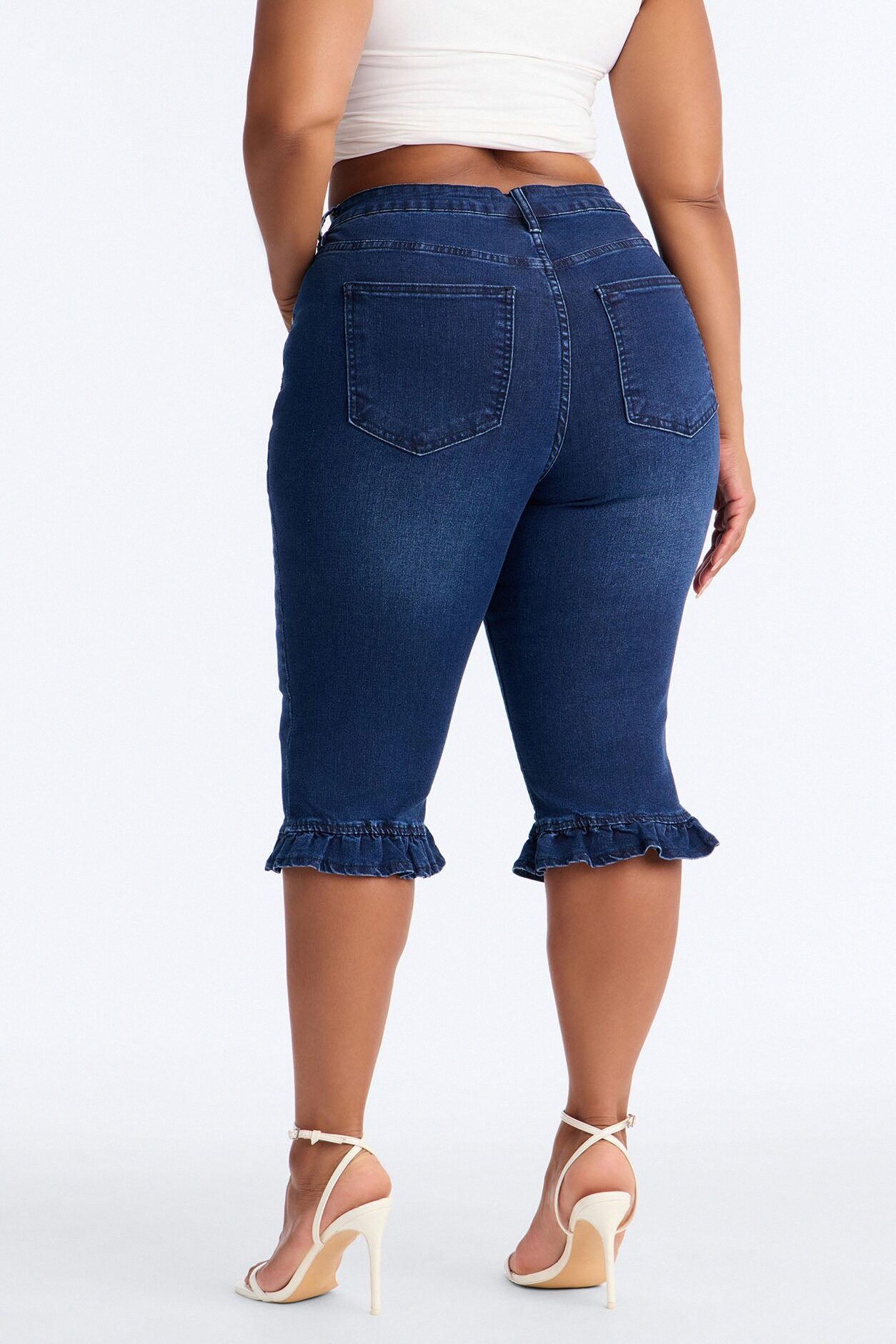 Steal The Show Ruffle Denim Capris - Dark Wash