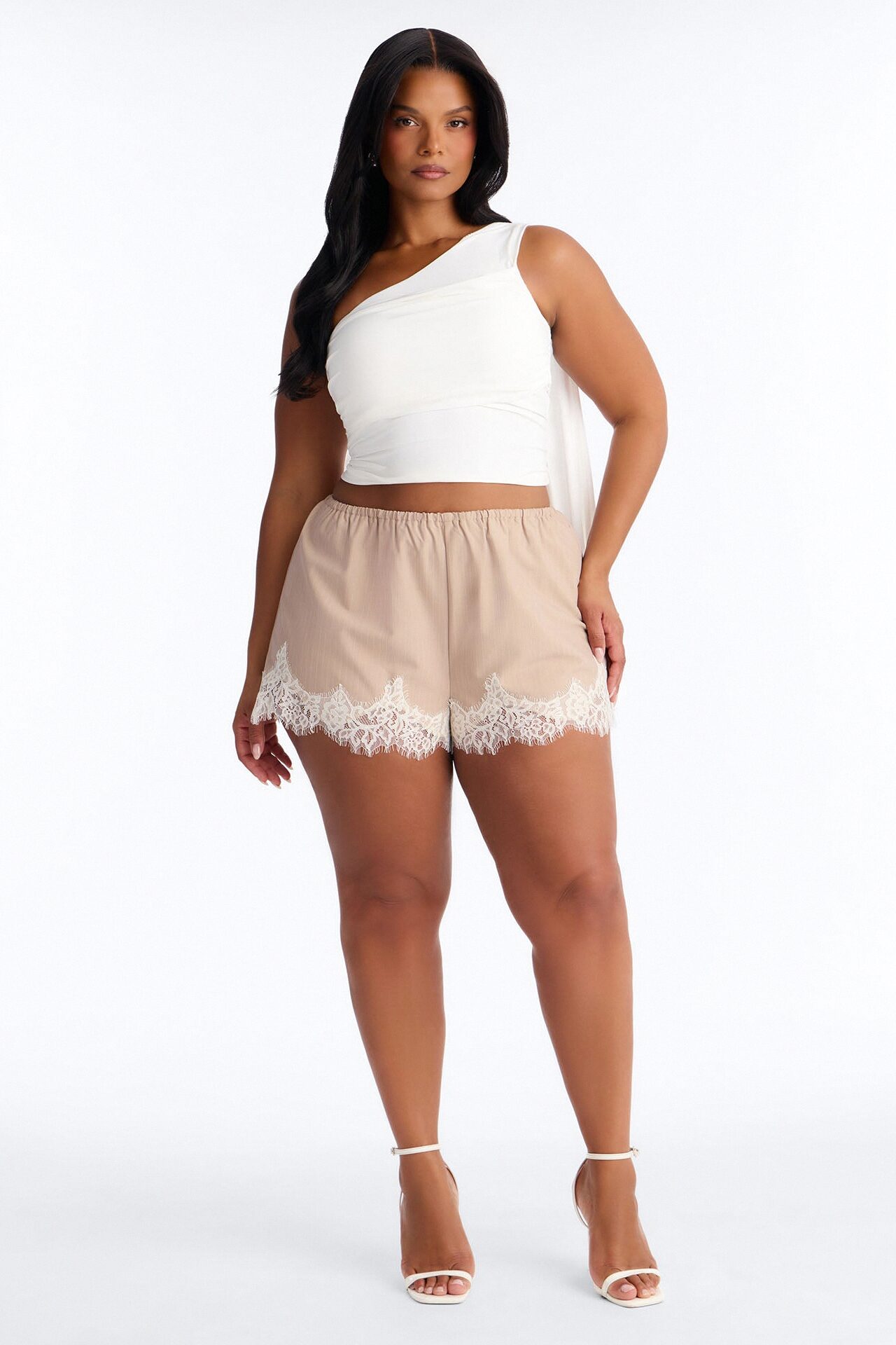 Gabriette Pinstripe Flowy Lace Trim Micro Short - Taupe/combo