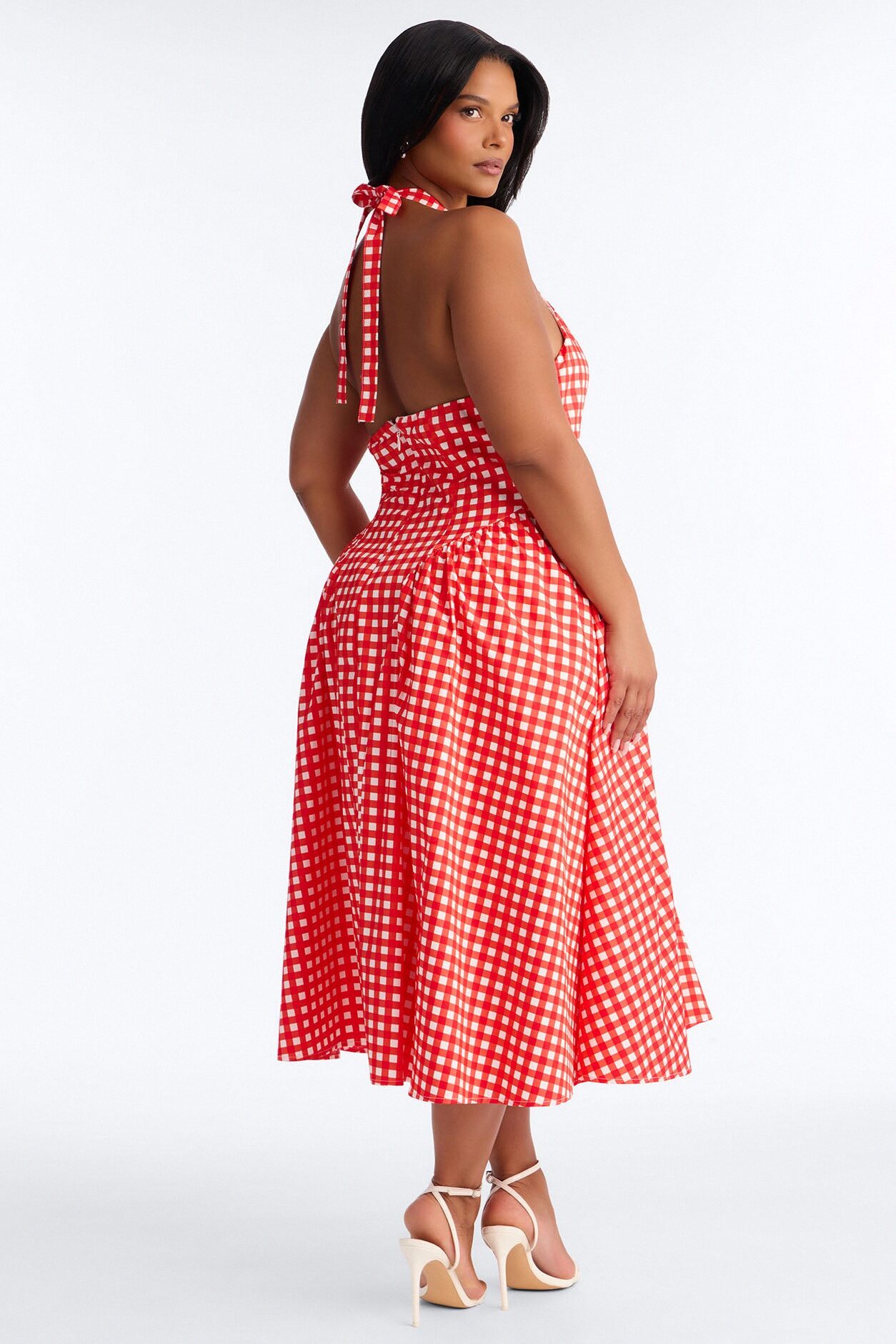 Mara Corset Gingham Midi Dress - Red/combo