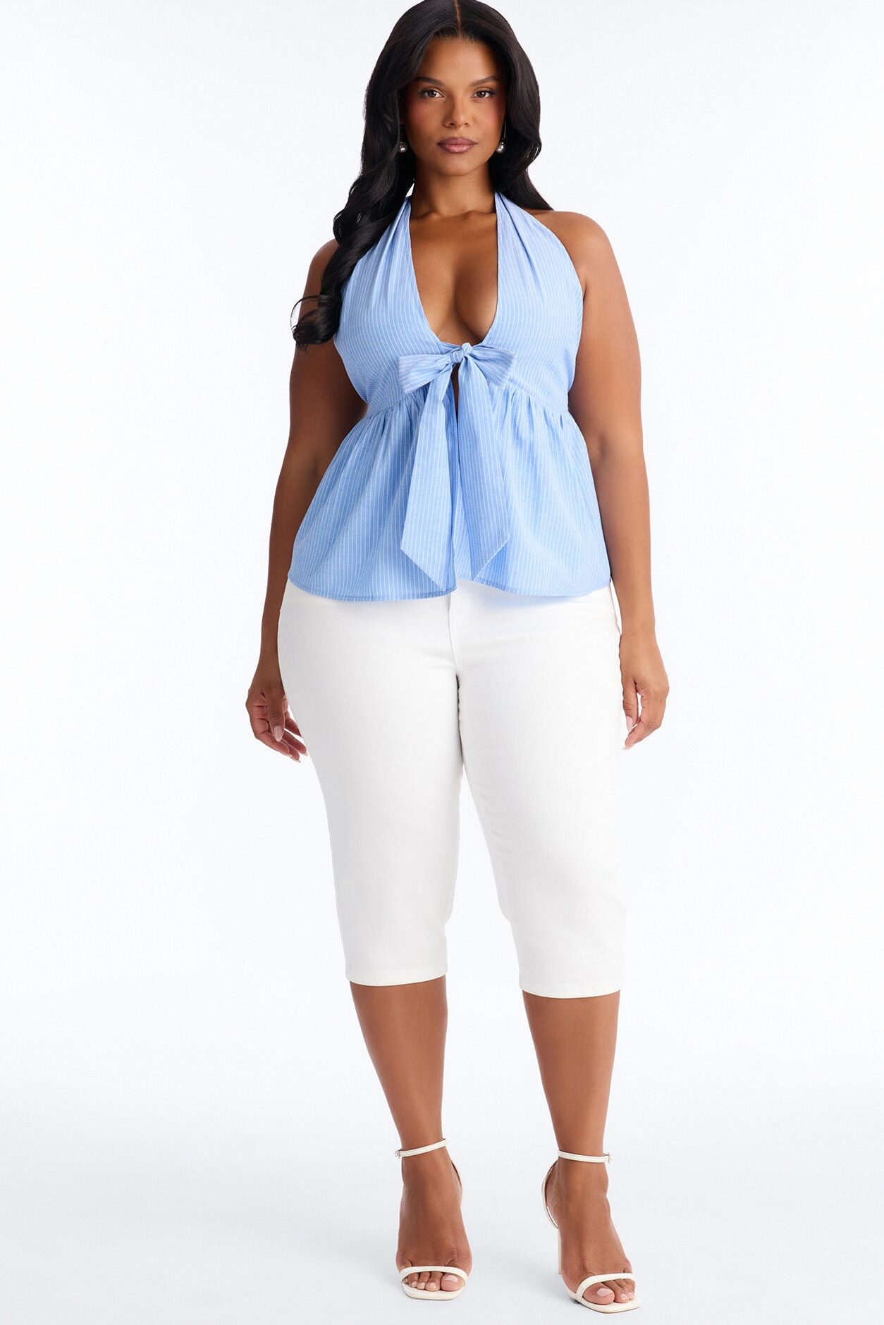 Jenna Bow Pinstripe Linen Halter Top - Blue/combo