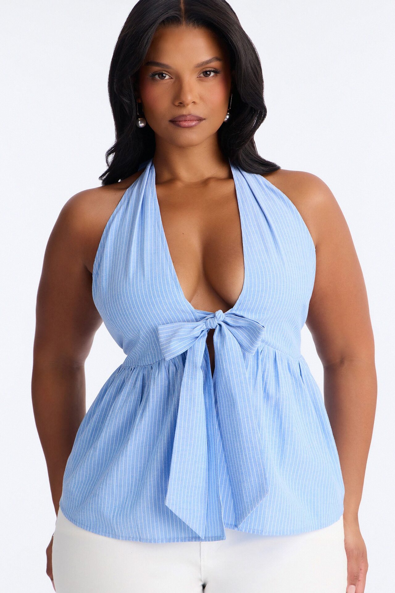 Jenna Bow Pinstripe Linen Halter Top - Blue/combo