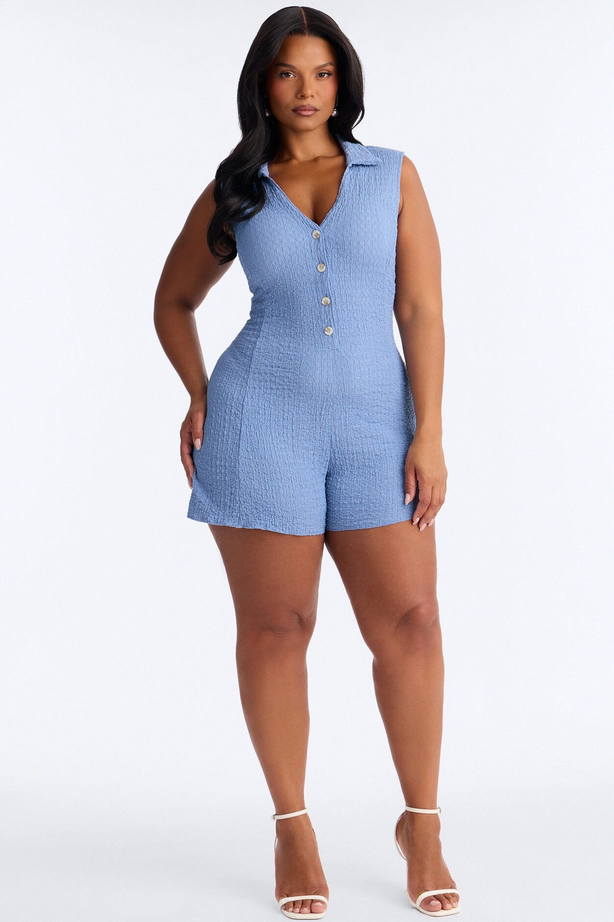 Rosa Textured Sleeveless Romper - Slate Blue