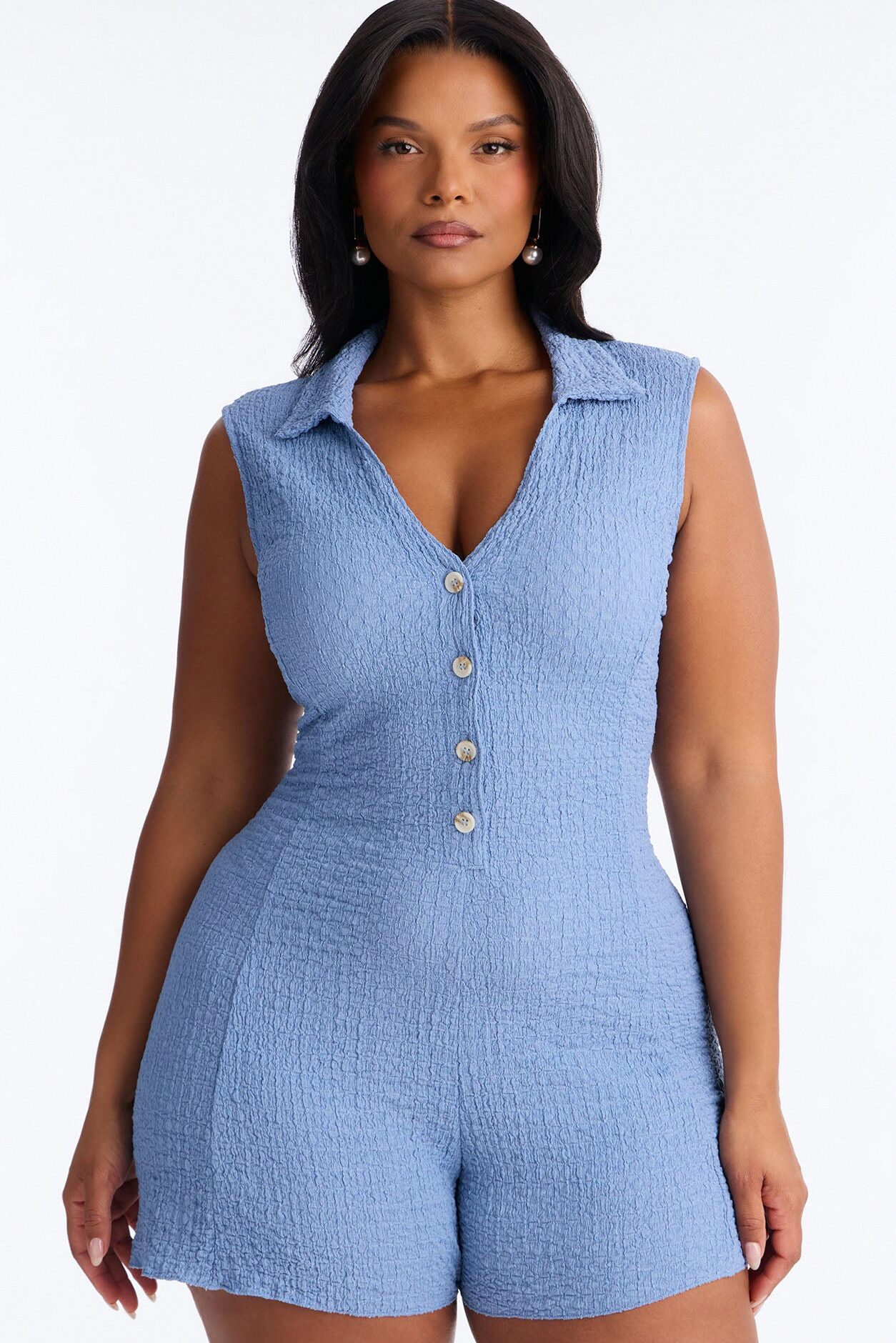 Rosa Textured Sleeveless Romper - Slate Blue