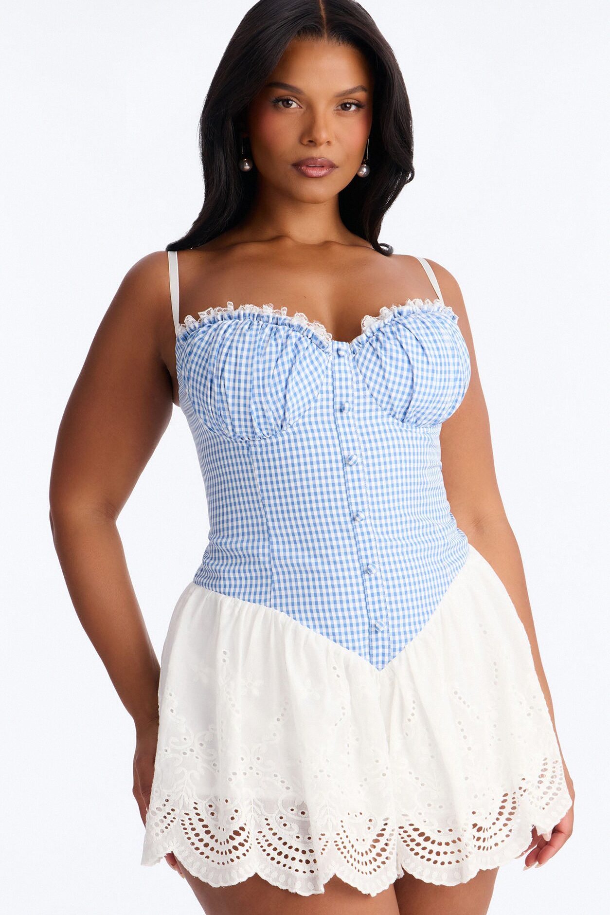 Halie Gingham Lace Romper - Blue/combo