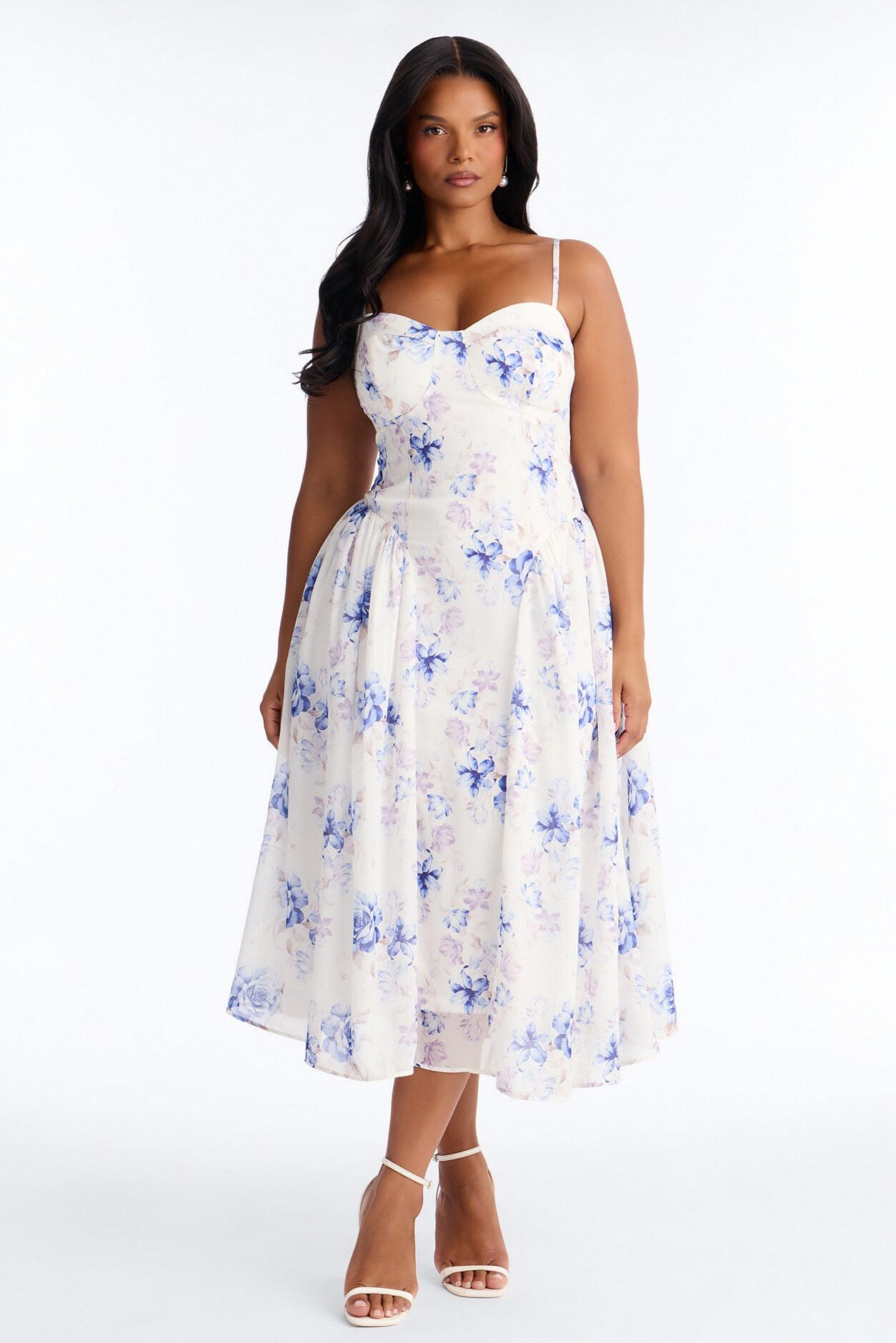 Ariana Floral Chiffon Midi Dress - White/Blue