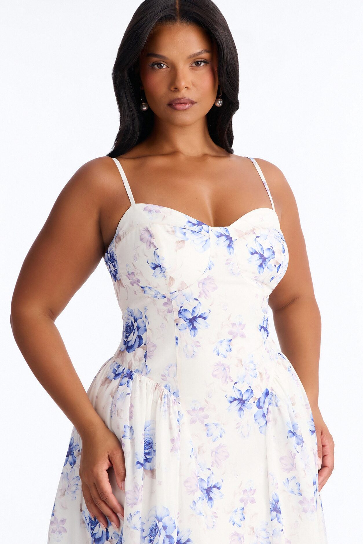 Ariana Floral Chiffon Midi Dress - White/Blue