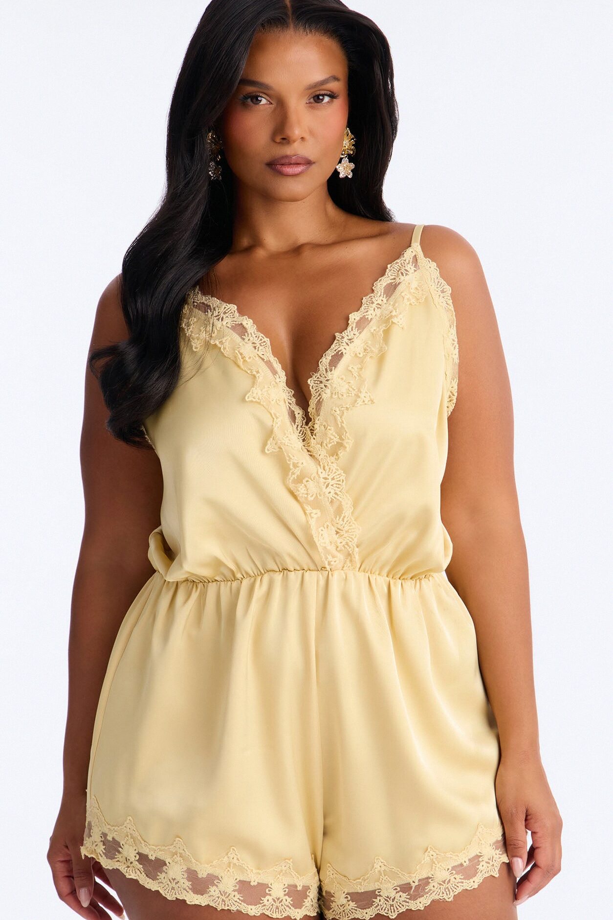 Rina Satin Lace Trim Micro Romper - Yellow
