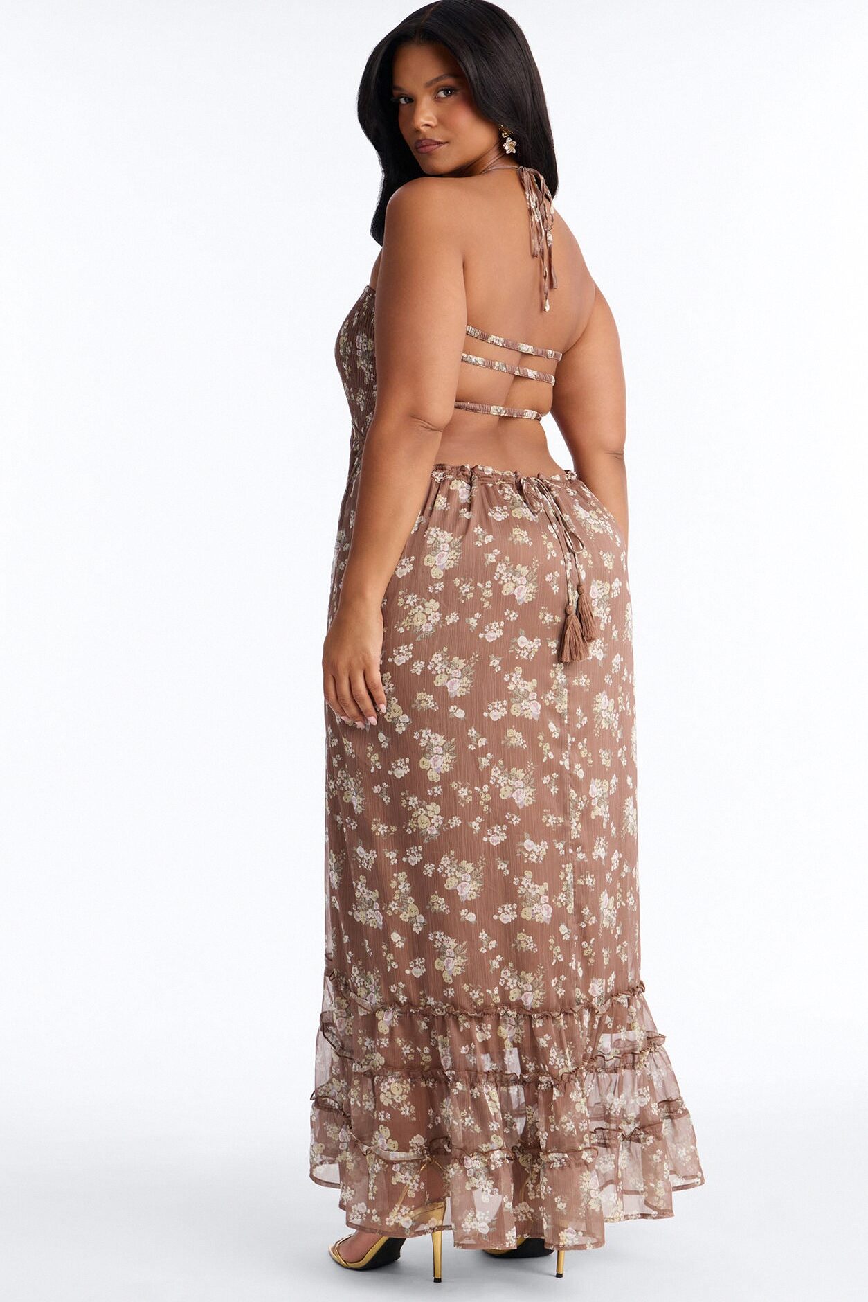 Lilah Floral Backless Maxi Dress - Brown/combo