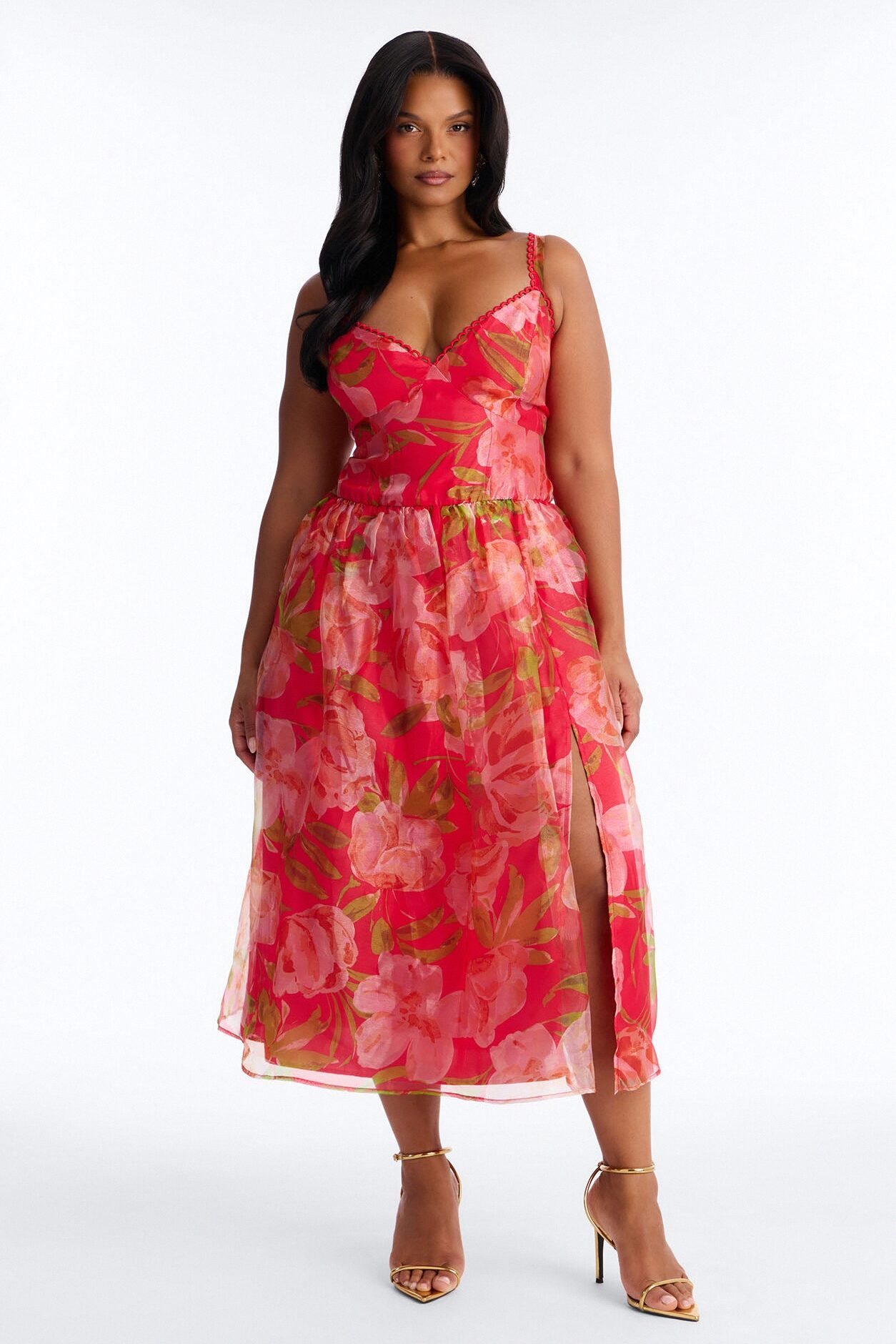 Jennifer Floral Organza Midi Dress - Red/combo