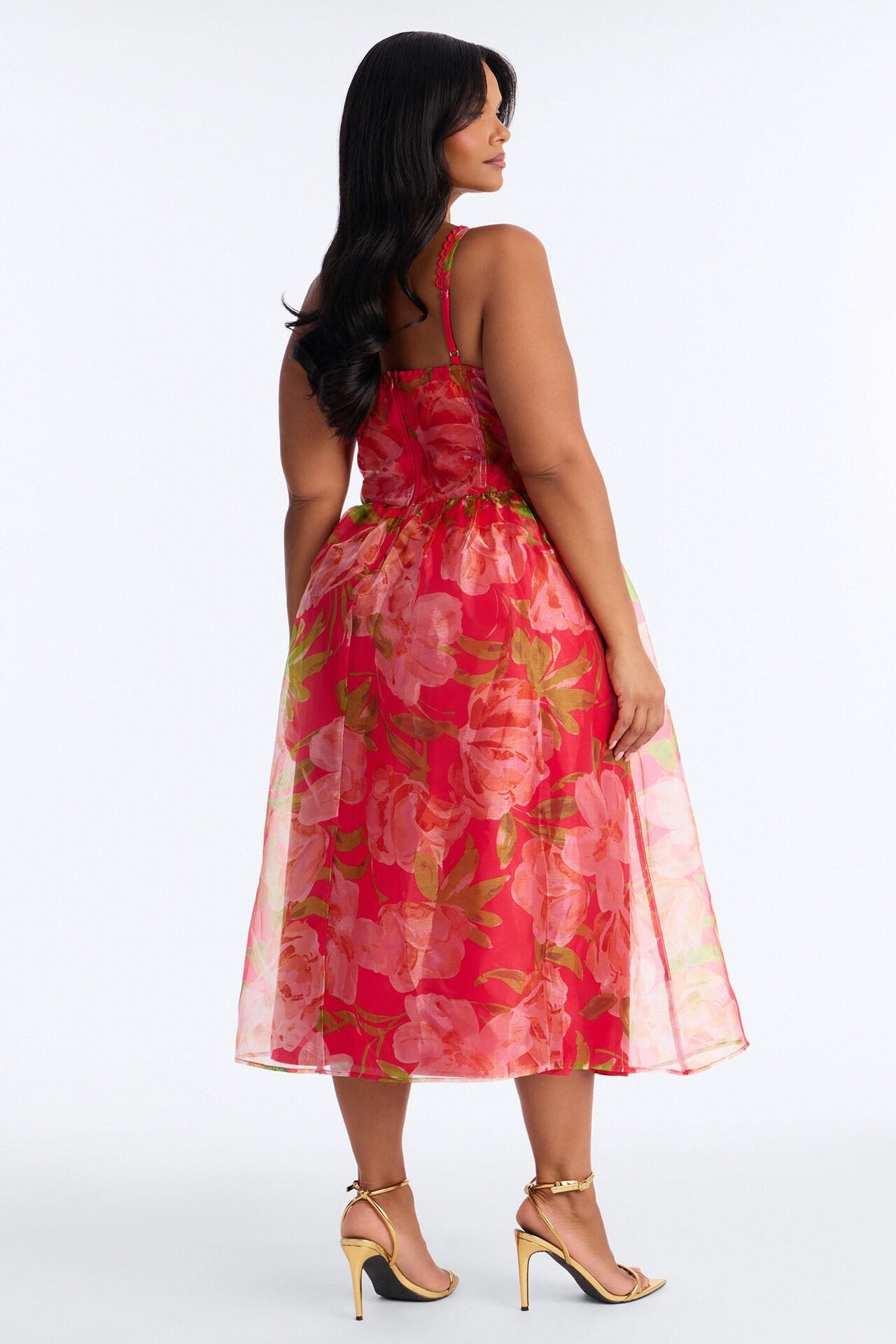 Jennifer Floral Organza Midi Dress - Red/combo