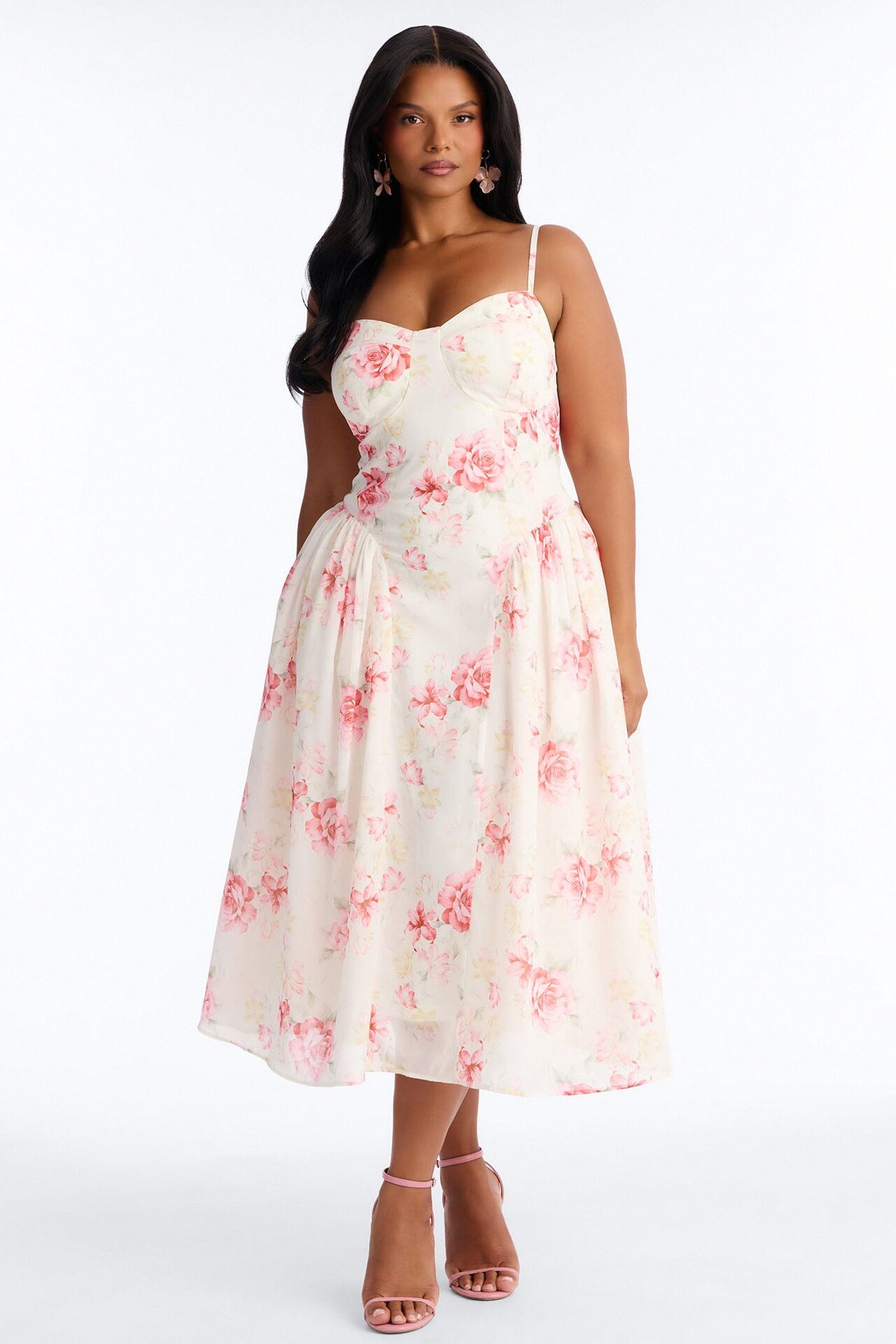 Ariana Floral Chiffon Midi Dress - White/Pink
