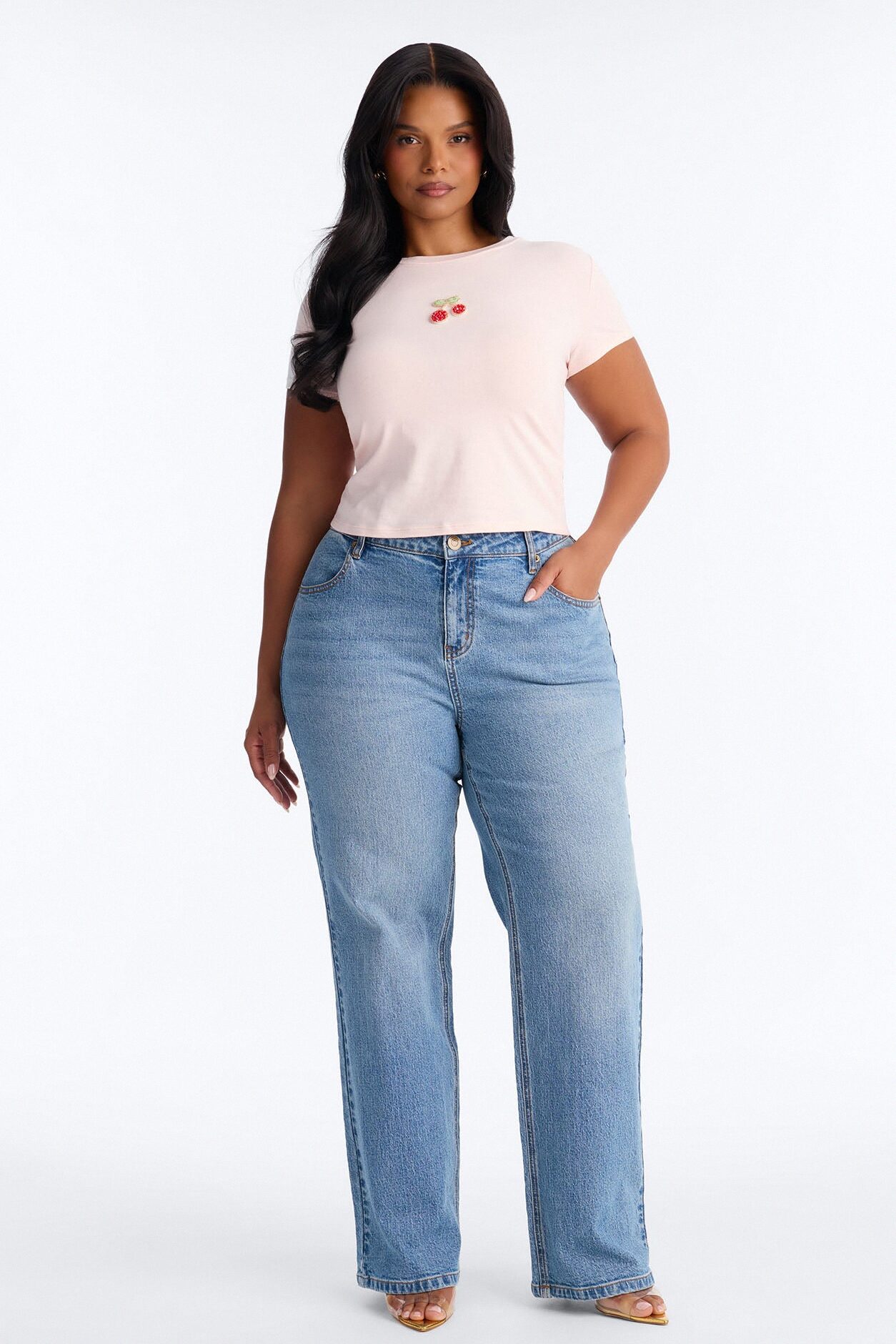 Cherry Embellished Baby Tee - Light Pink