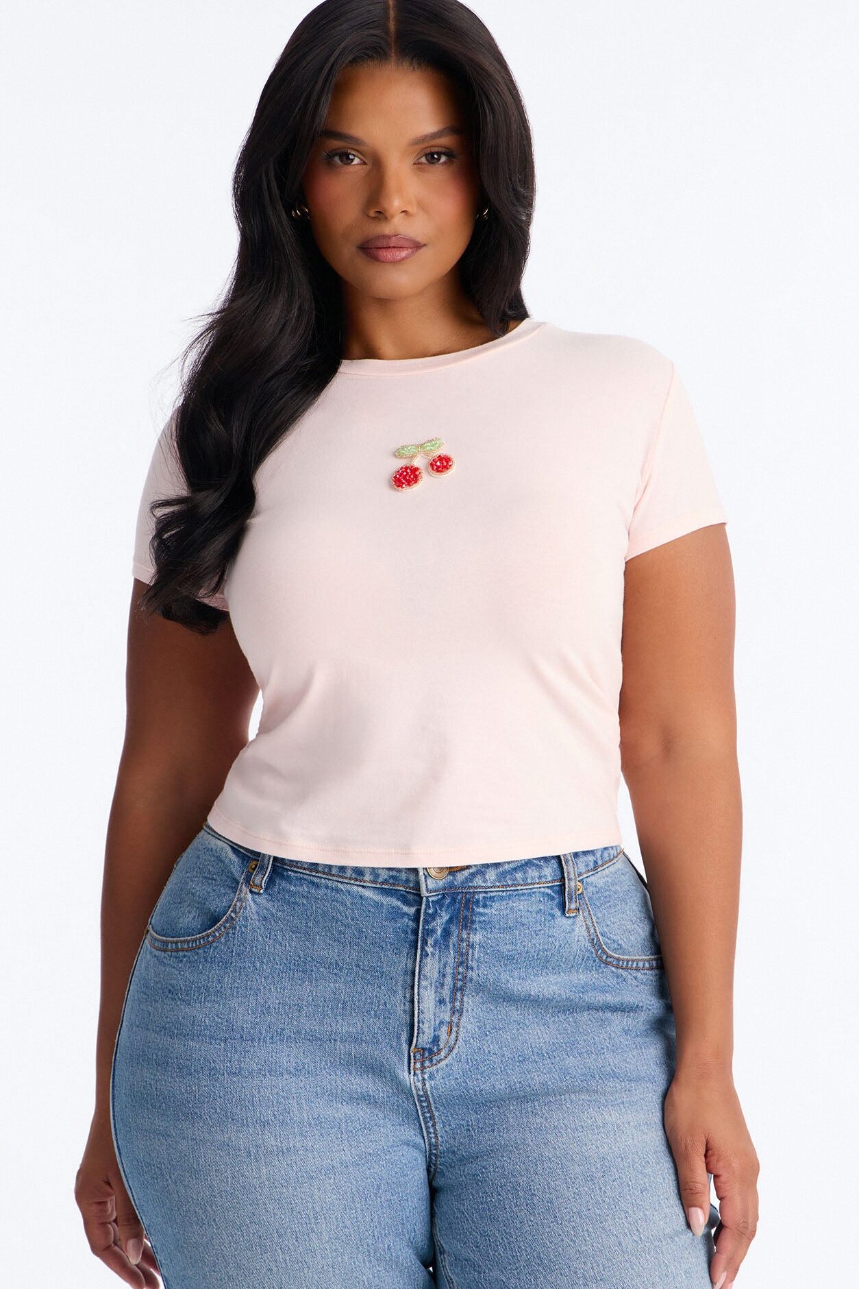 Cherry Embellished Baby Tee - Light Pink