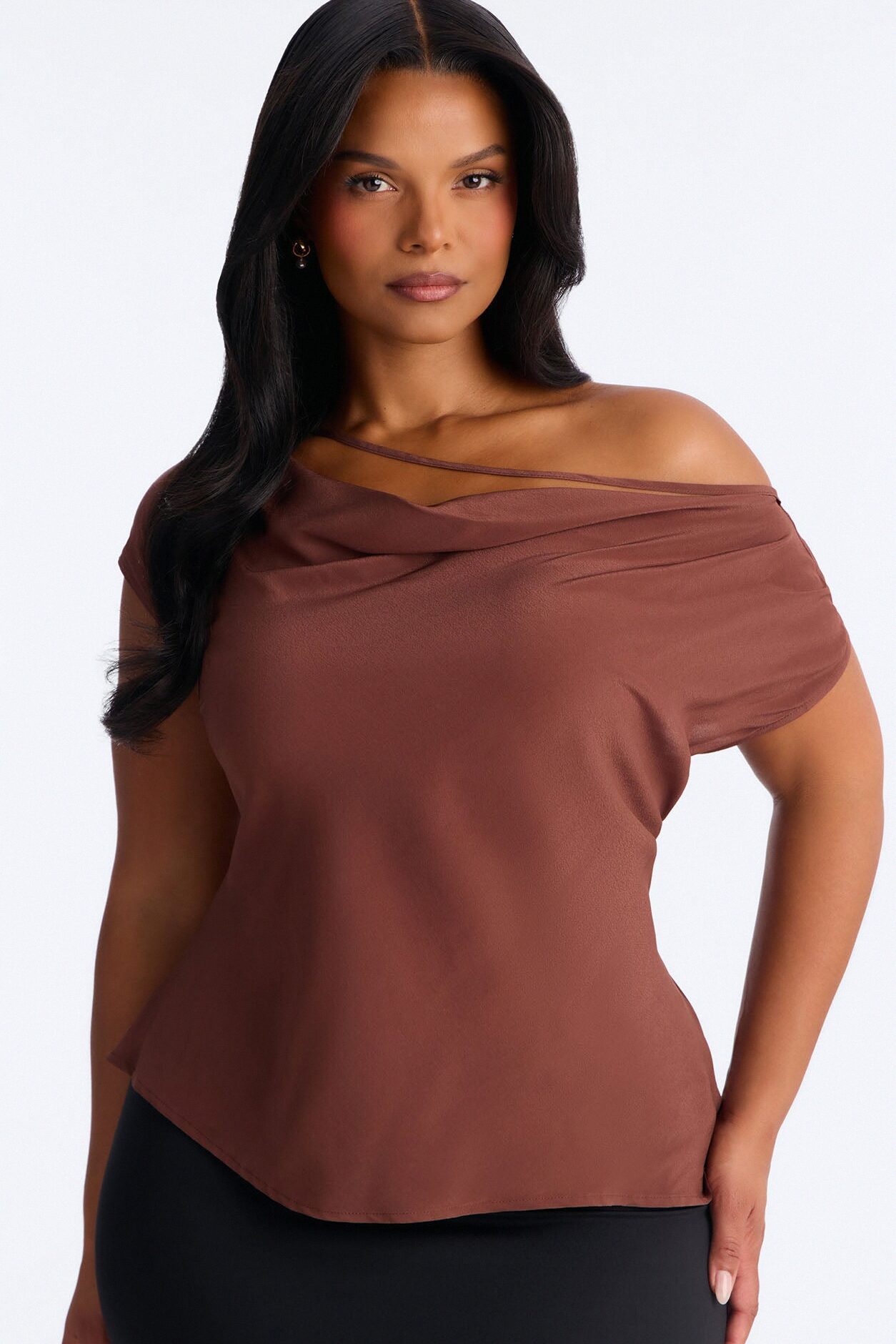 One More Drink One Shoulder Satin Blouse - Chocolate