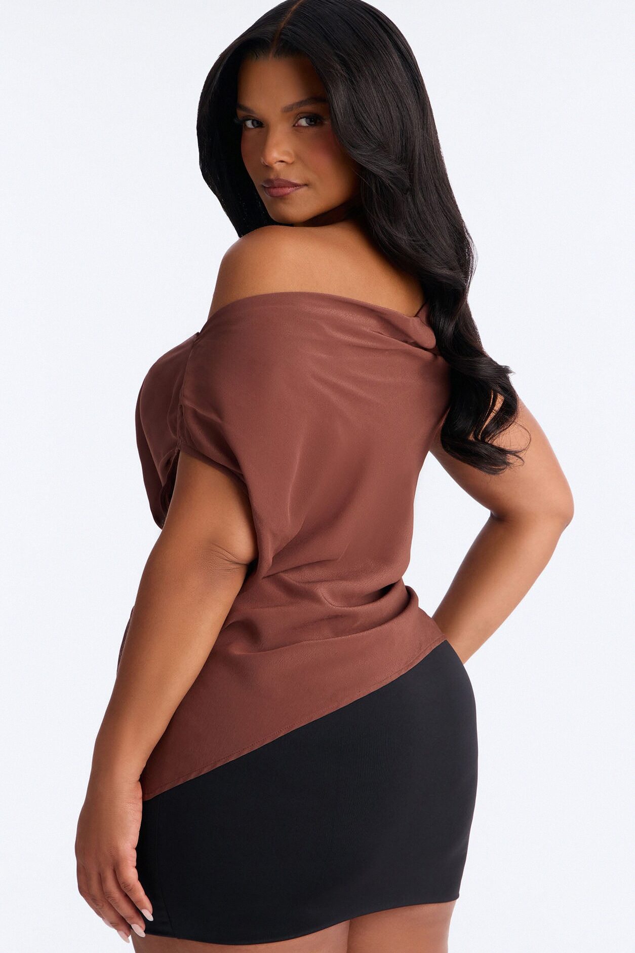 One More Drink One Shoulder Satin Blouse - Chocolate