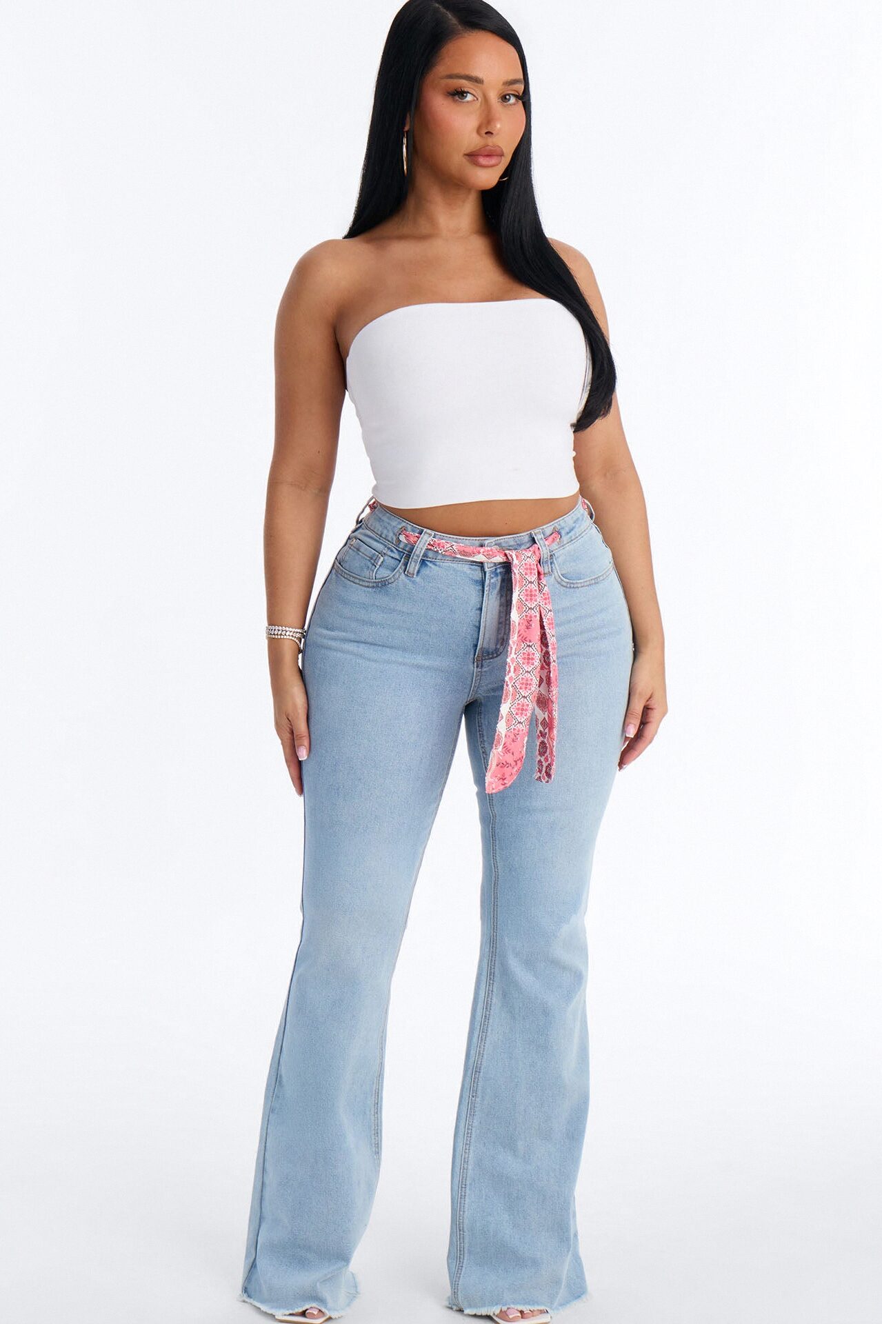Amore Mio Belted Scarf Flare Jeans - Light Wash