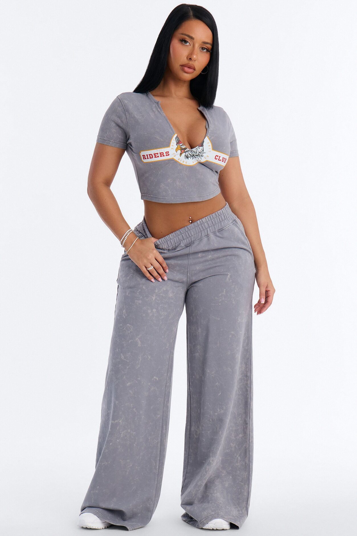 Riders Club V-Neck French Terry Jogger Set - Charcoal