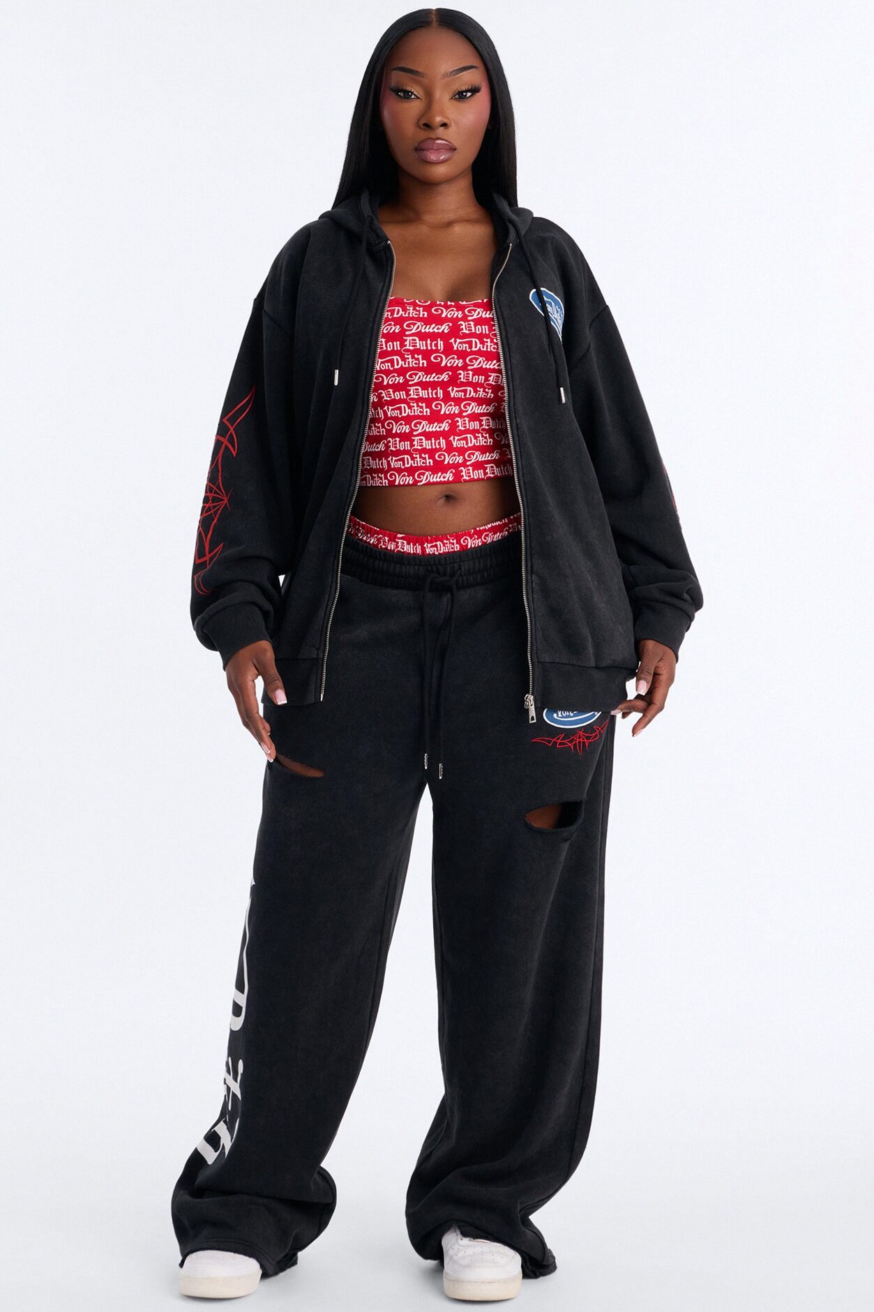 Von Dutch Logo Washed Zip Up Hoodie - Black Wash