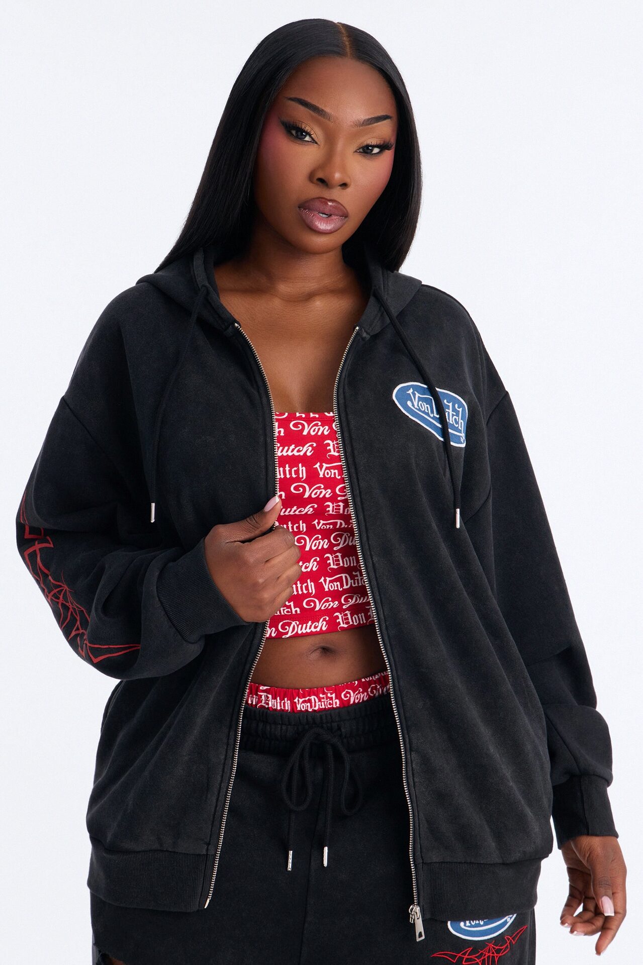 Von Dutch Logo Washed Zip Up Hoodie - Black Wash
