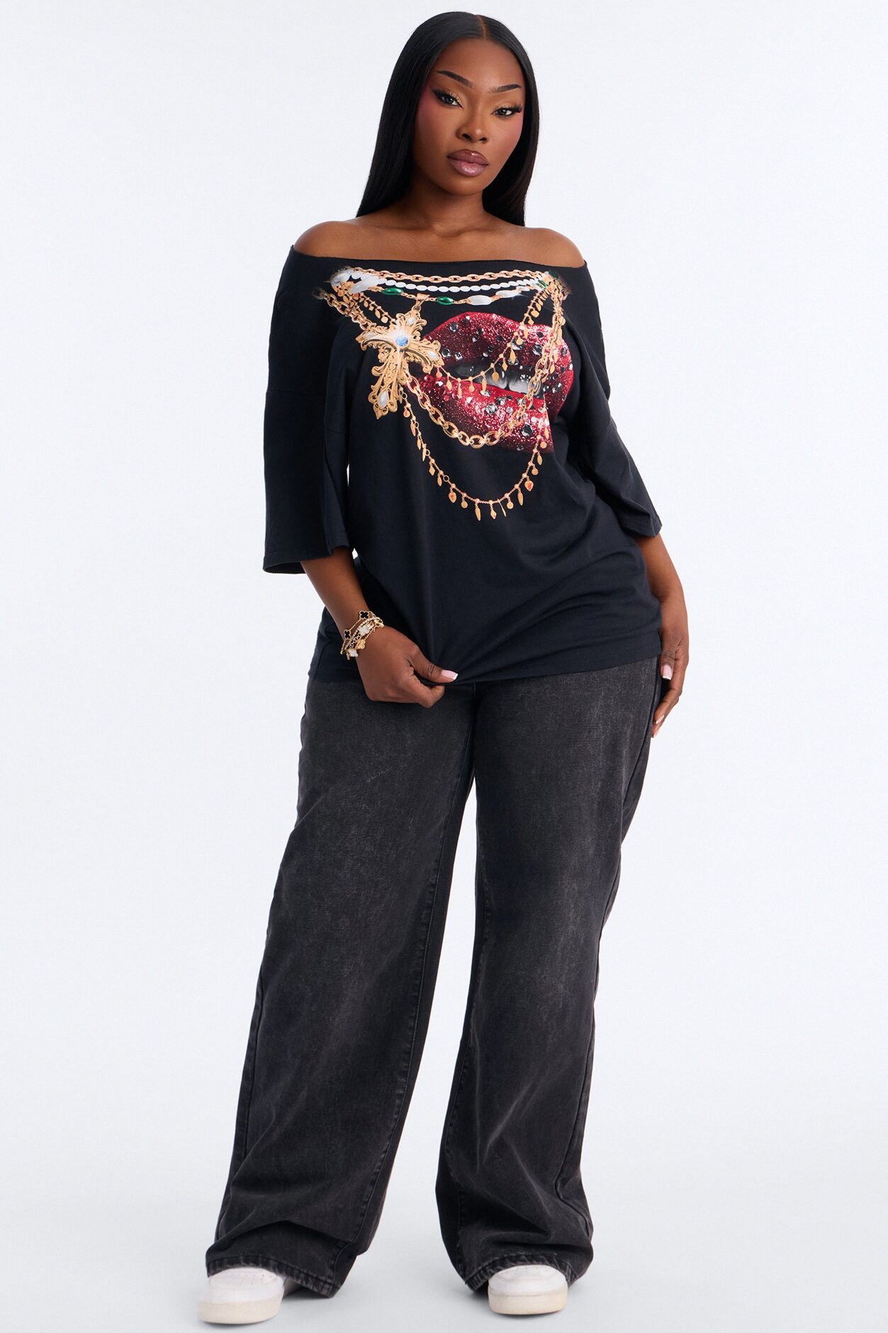 Gold Lips Off Shoulder Tee - Black
