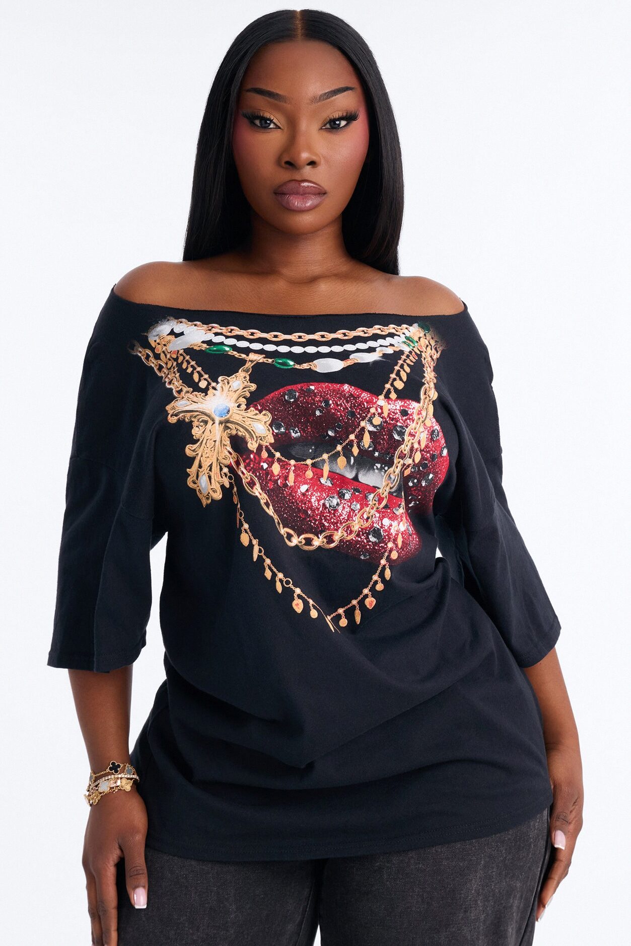 Gold Lips Off Shoulder Tee - Black