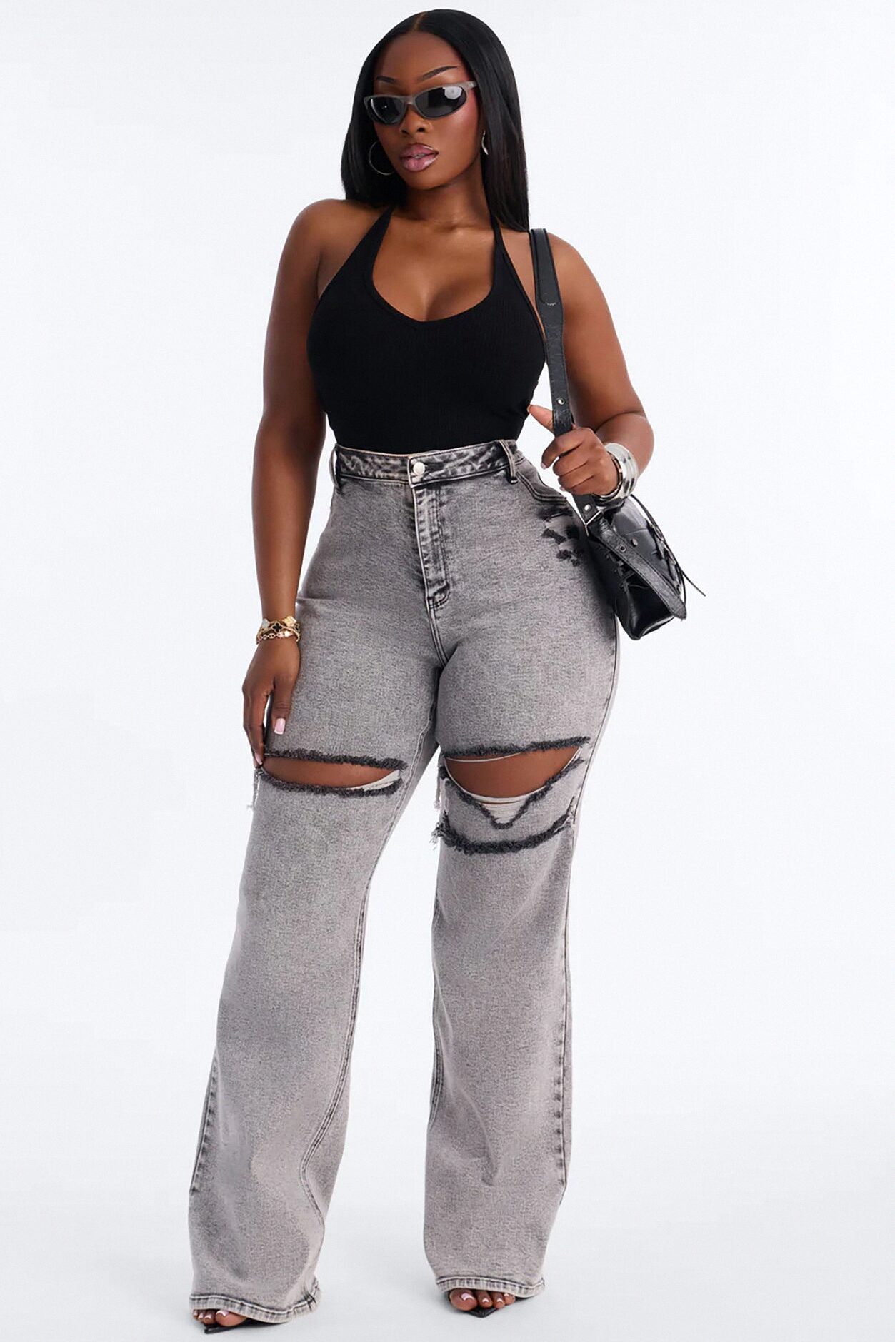 Tall Remi Ripped Stretch Baggy Jeans - Grey