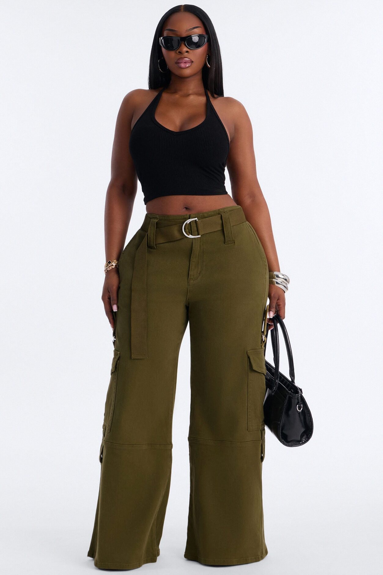 Natalia High Rise Cargo Belted Wide Leg Pant 33″ - Olive