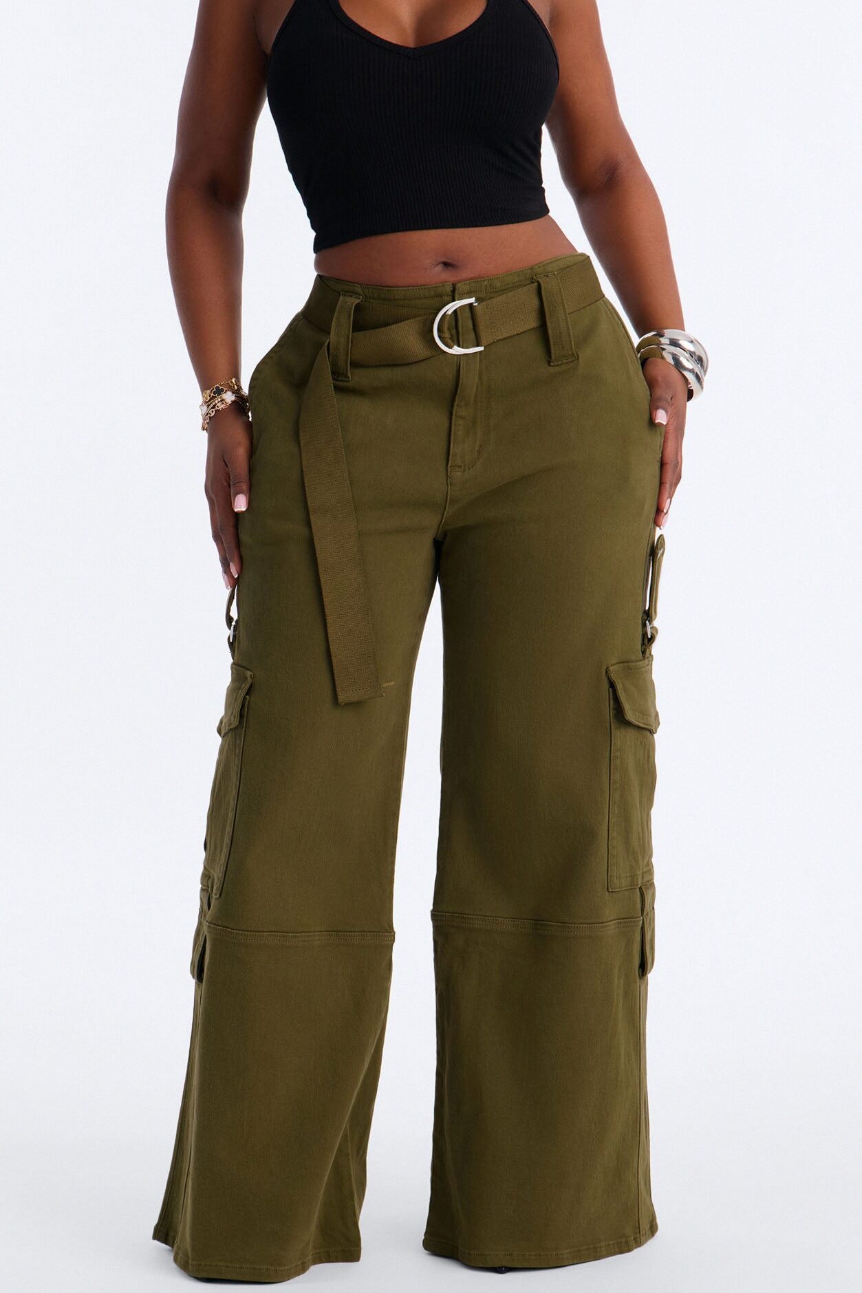 Natalia High Rise Cargo Belted Wide Leg Pant 33″ - Olive