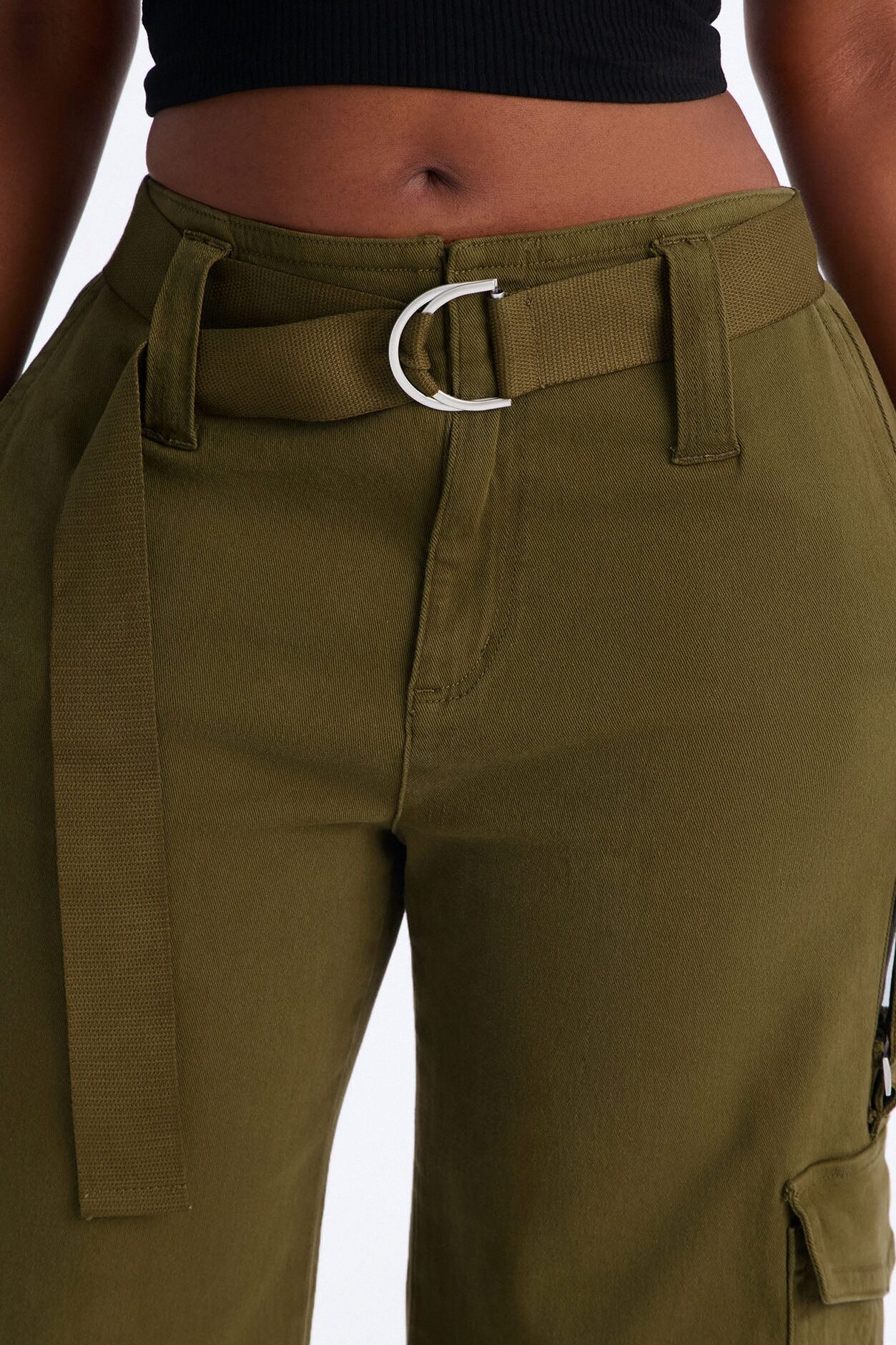 Natalia High Rise Cargo Belted Wide Leg Pant 33″ - Olive
