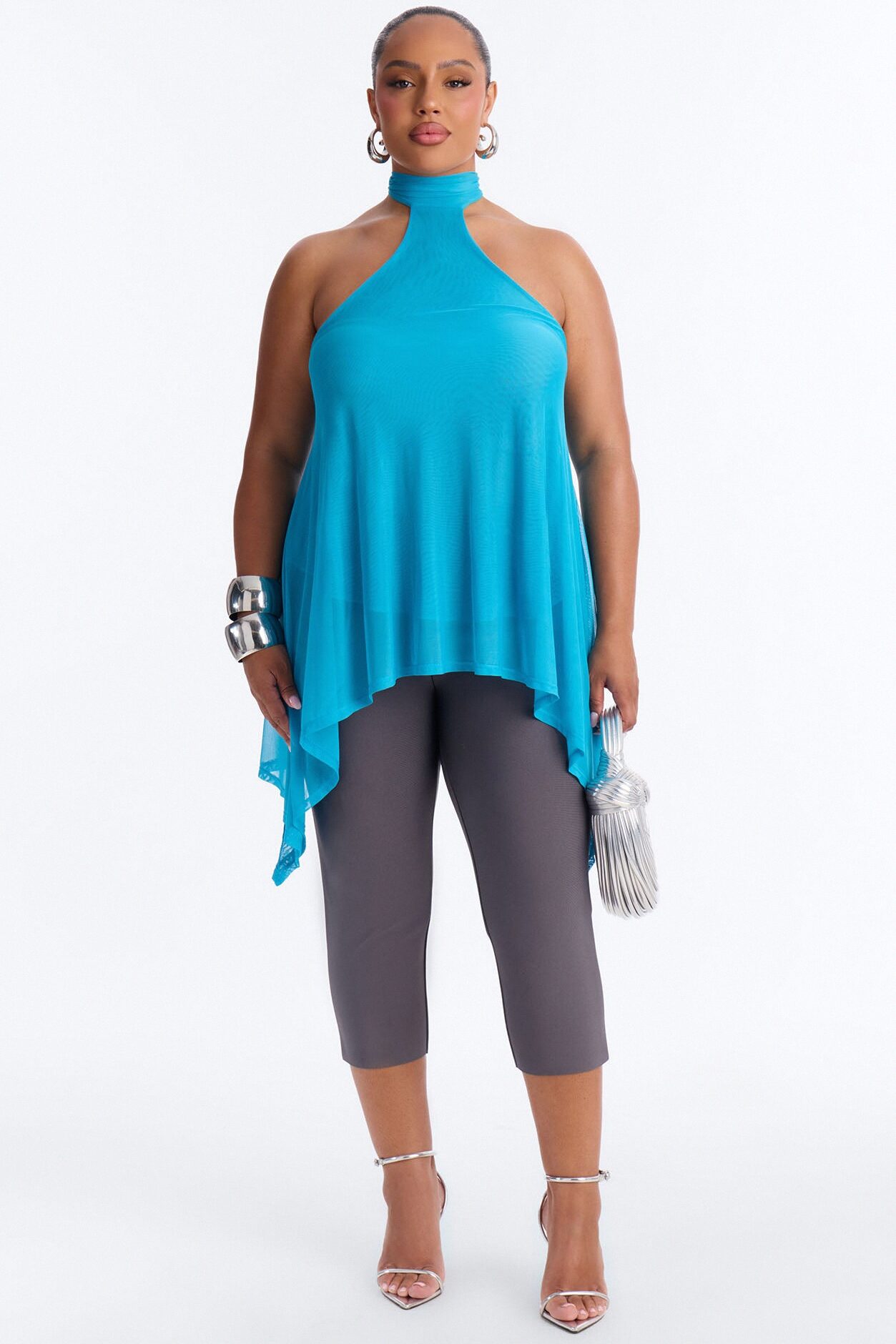 Feeling Fine Sheer Mesh High Neck Sleeveless Top - Blue