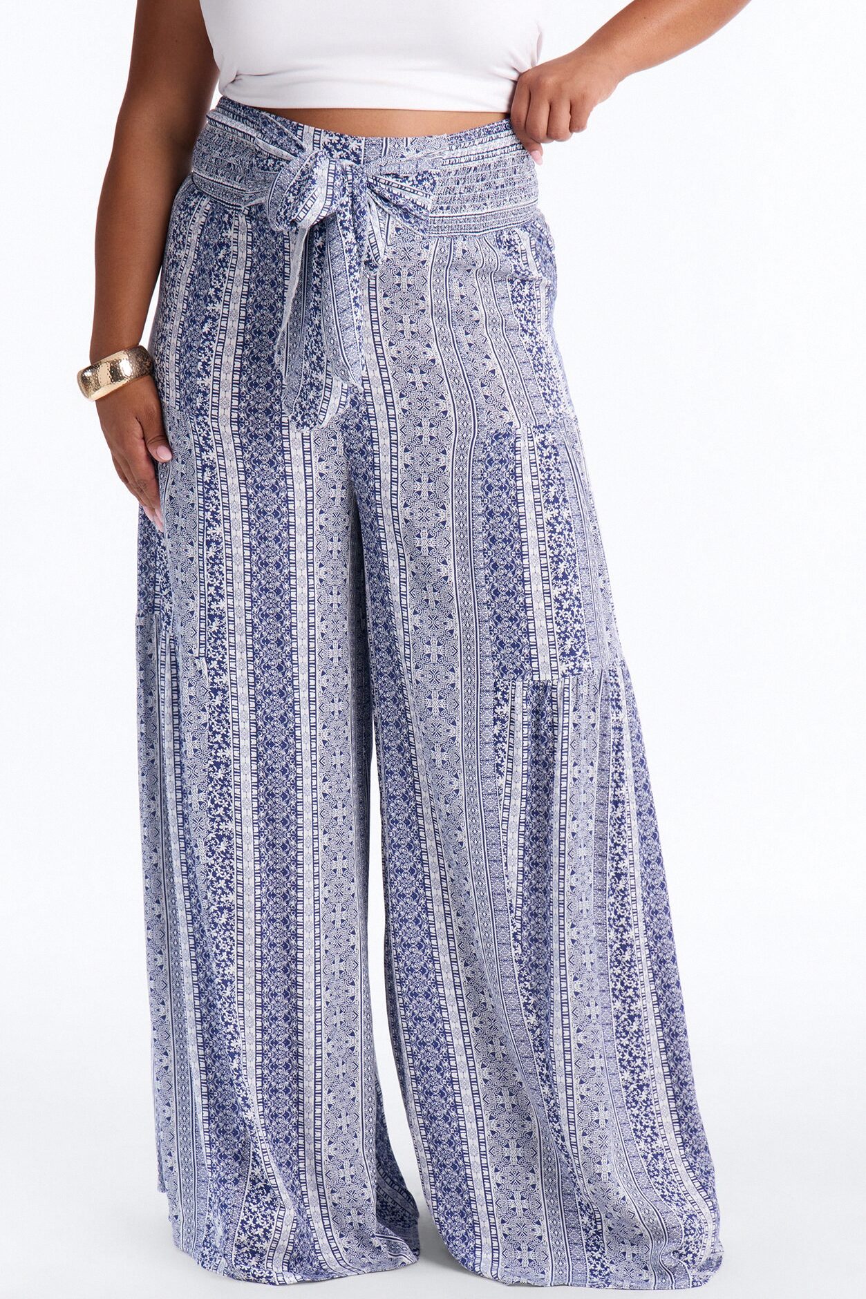 Adina Tie Waist High Rise Wide Leg Pant - Blue/combo