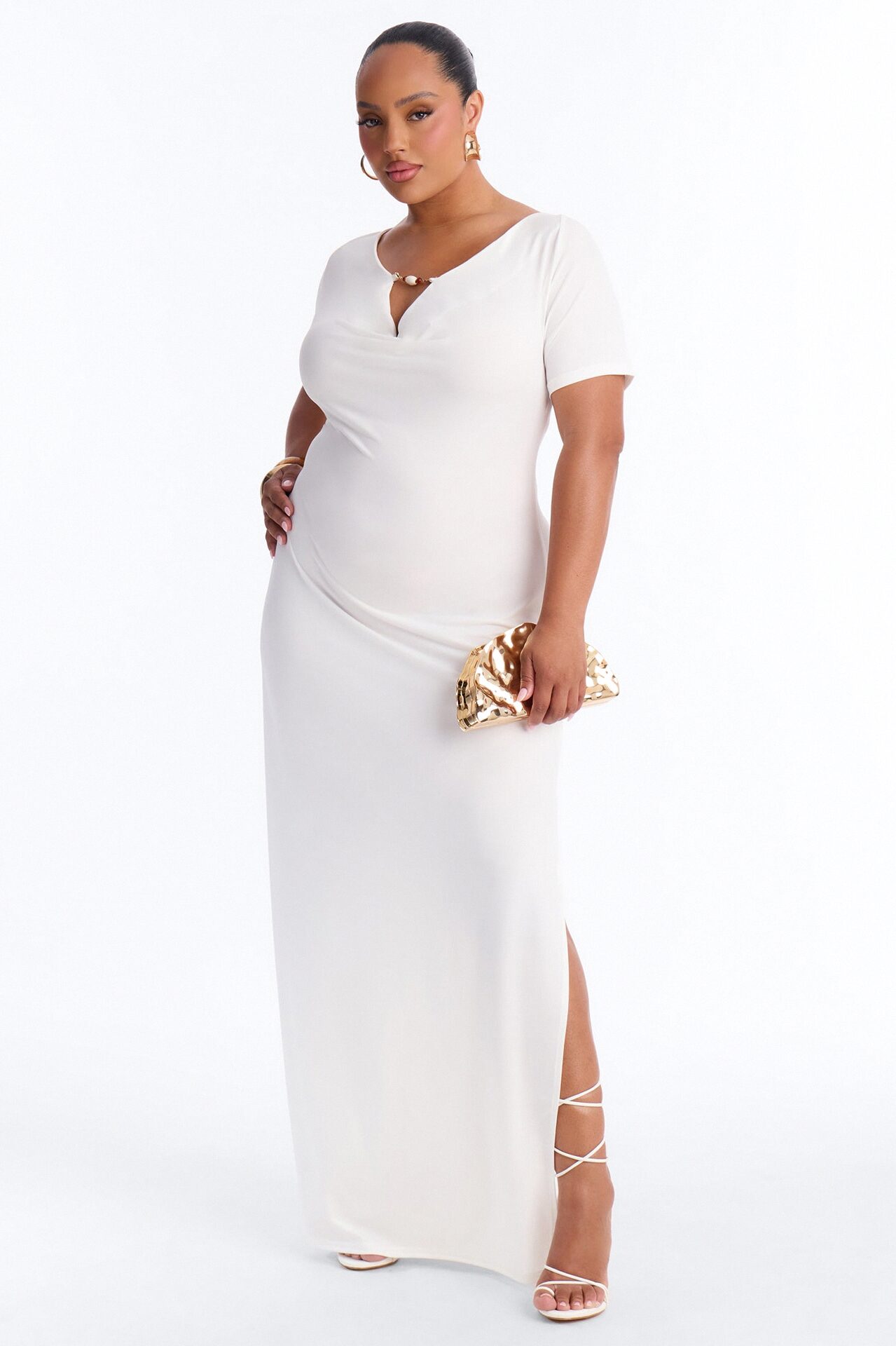 Angelica Beaded Cowl Neck Maxi Dress - White
