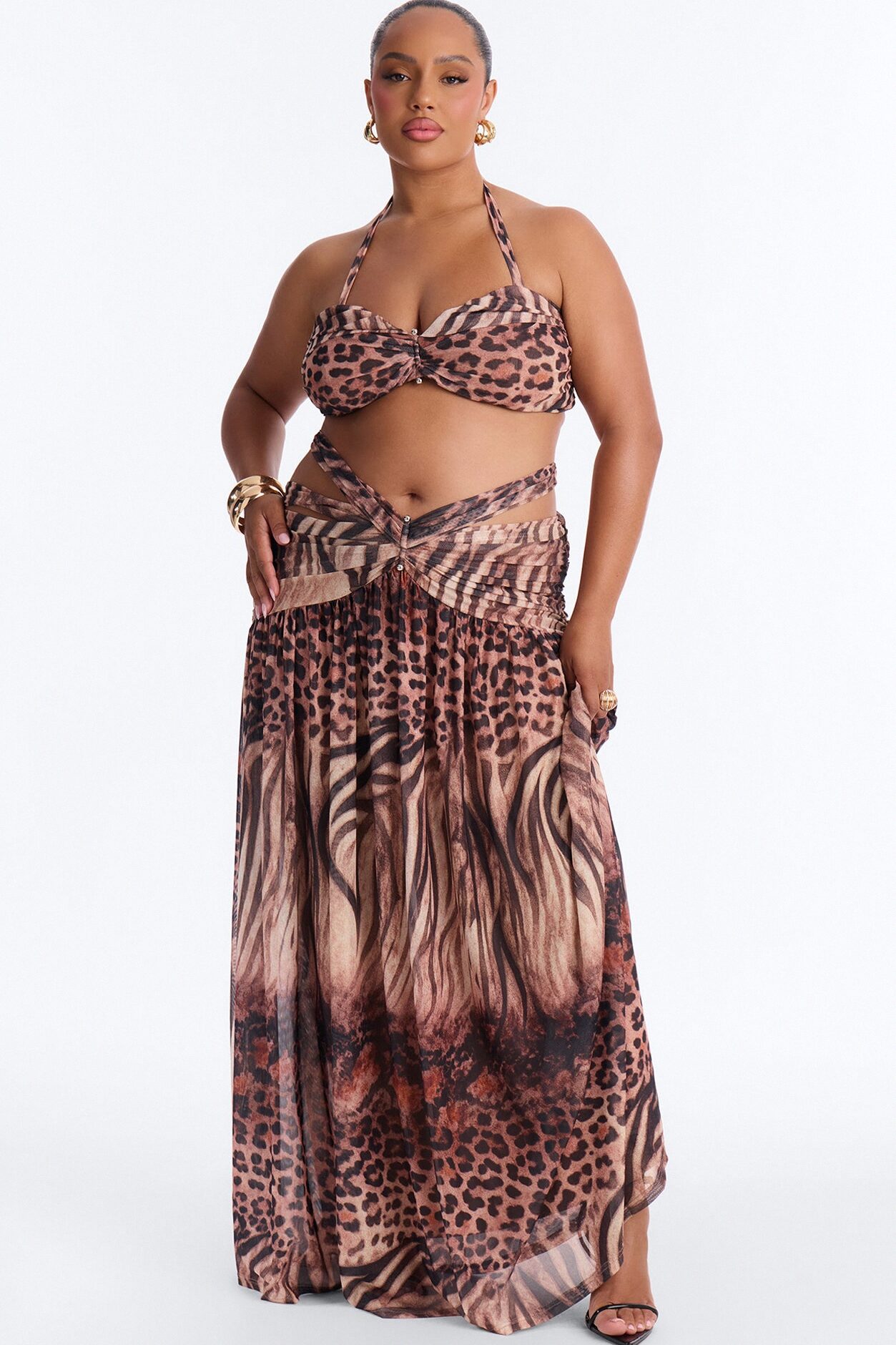 Hailey Animal Print Mesh Maxi Skirt Set - Brown Combo