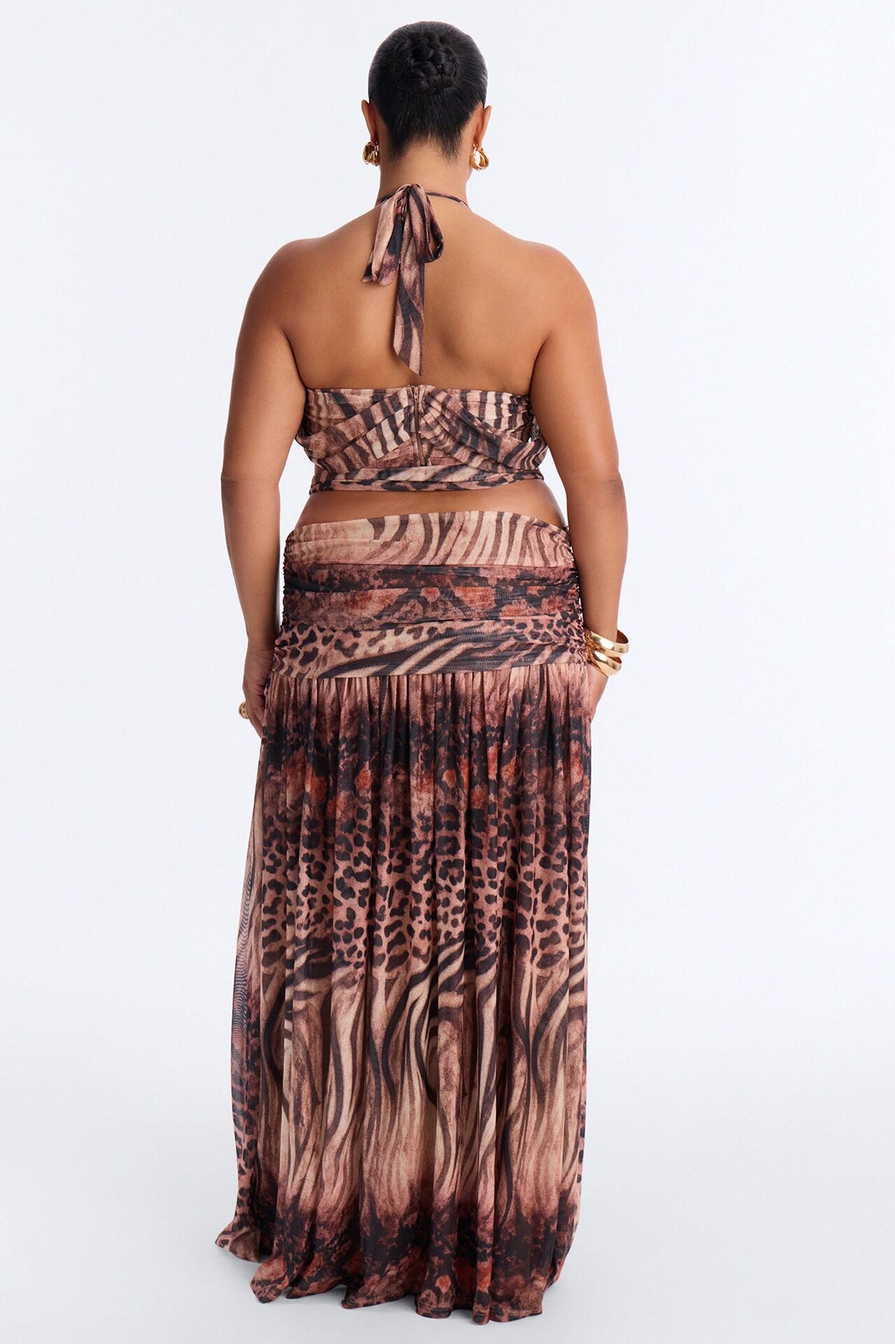 Hailey Animal Print Mesh Maxi Skirt Set - Brown Combo