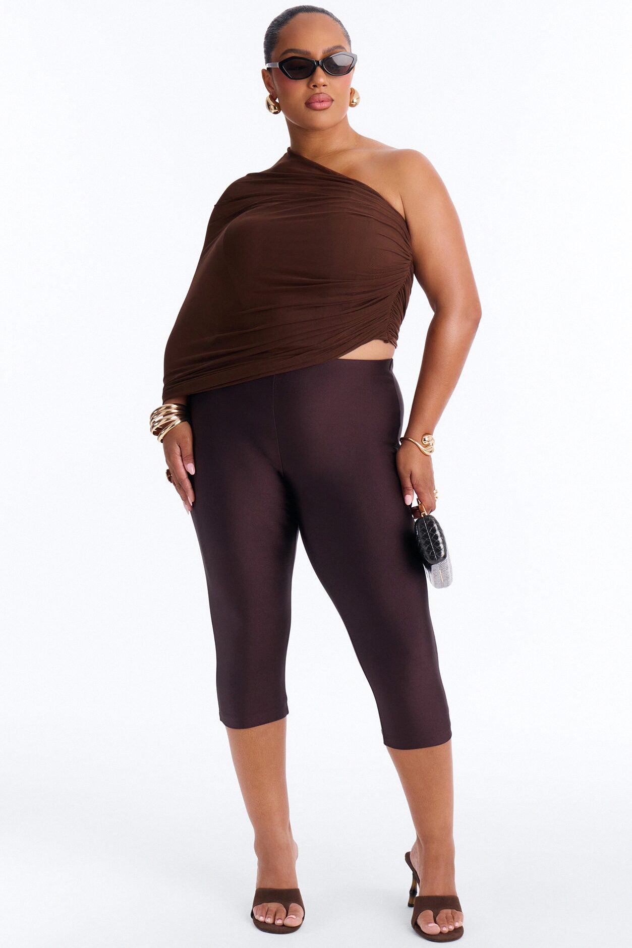 Melissa Ruched Mesh One Shoulder Double Layer Corset Top - Brown