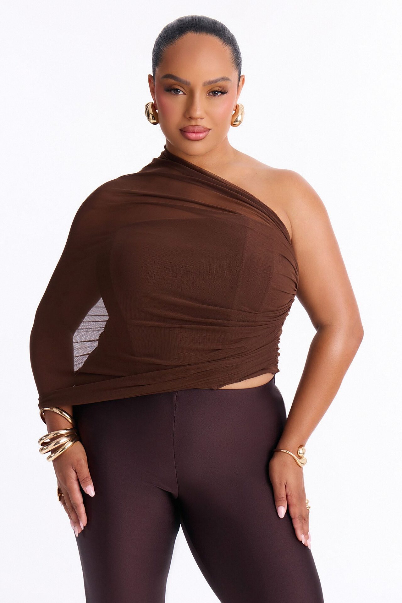 Melissa Ruched Mesh One Shoulder Double Layer Corset Top - Brown