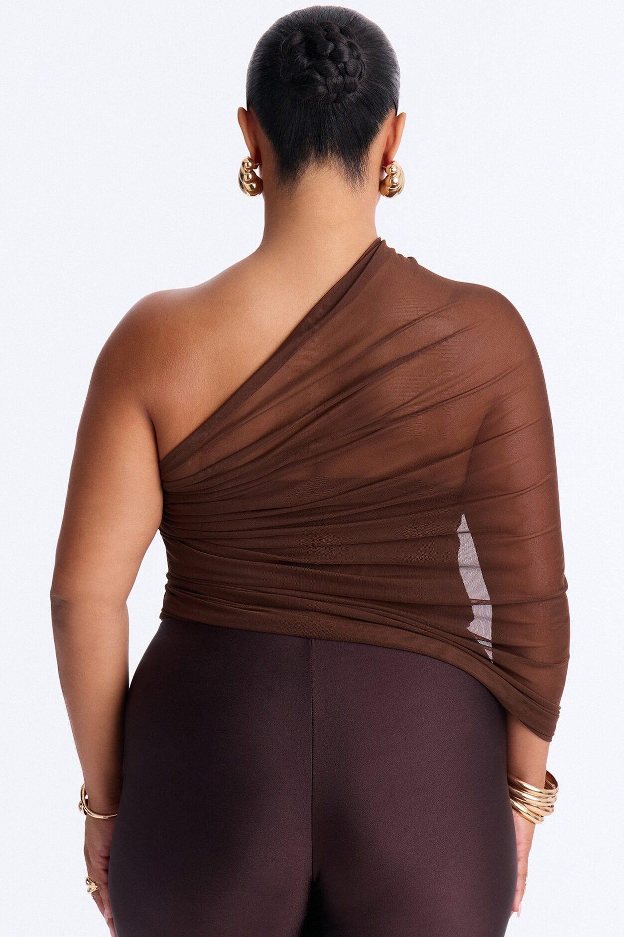 Melissa Ruched Mesh One Shoulder Double Layer Corset Top - Brown