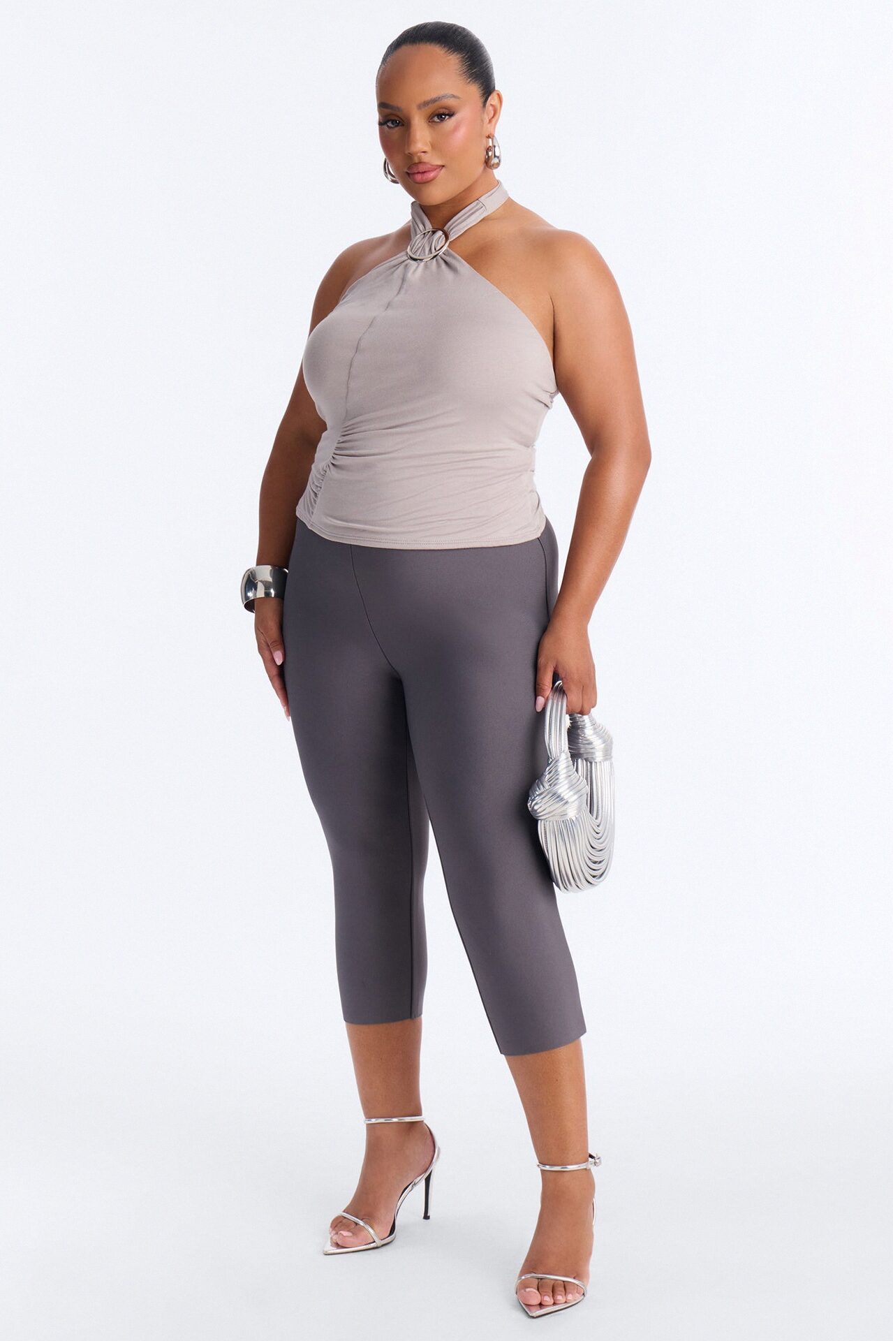 Izzie Hardware Ruched Halter Top - Grey