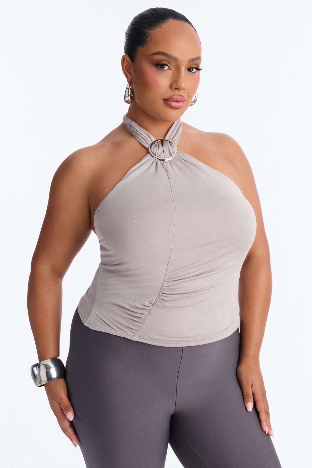 Izzie Hardware Ruched Halter Top - Grey