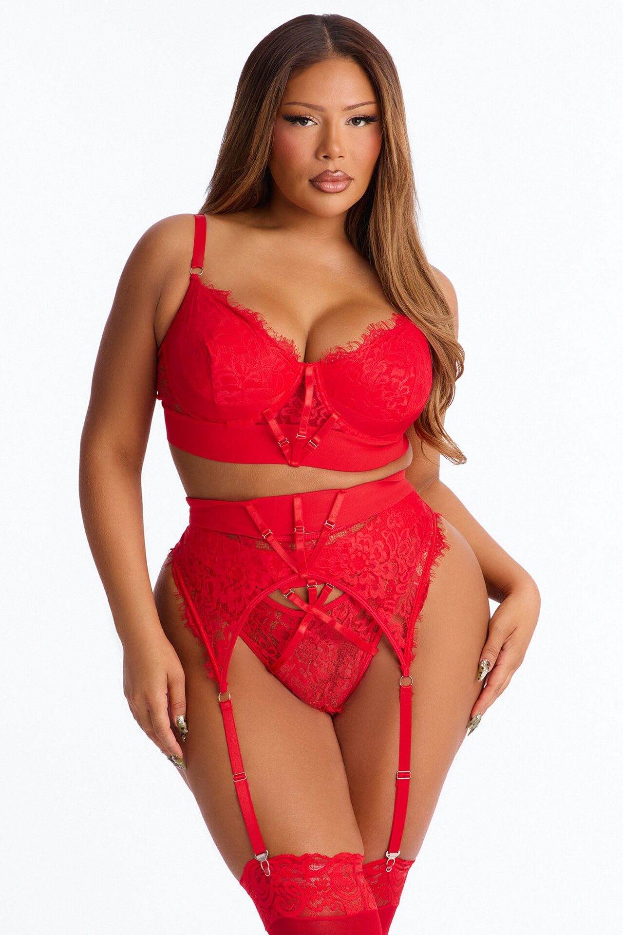 Nari Lace 3 Piece Bra And Panty Garter Set - Red
