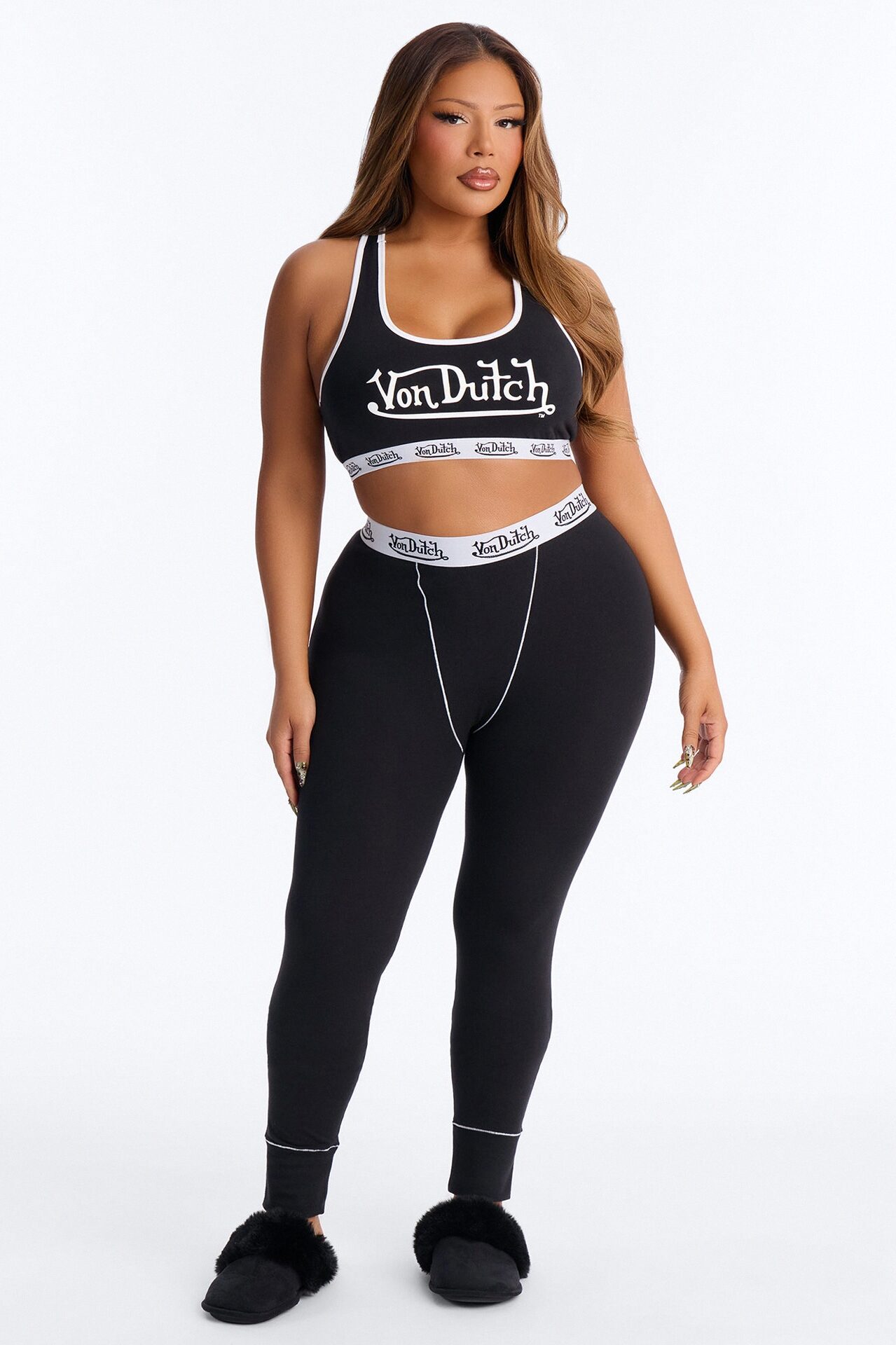 Von Dutch Contrast Stitching Bralette PJ Legging Pant Set - Black