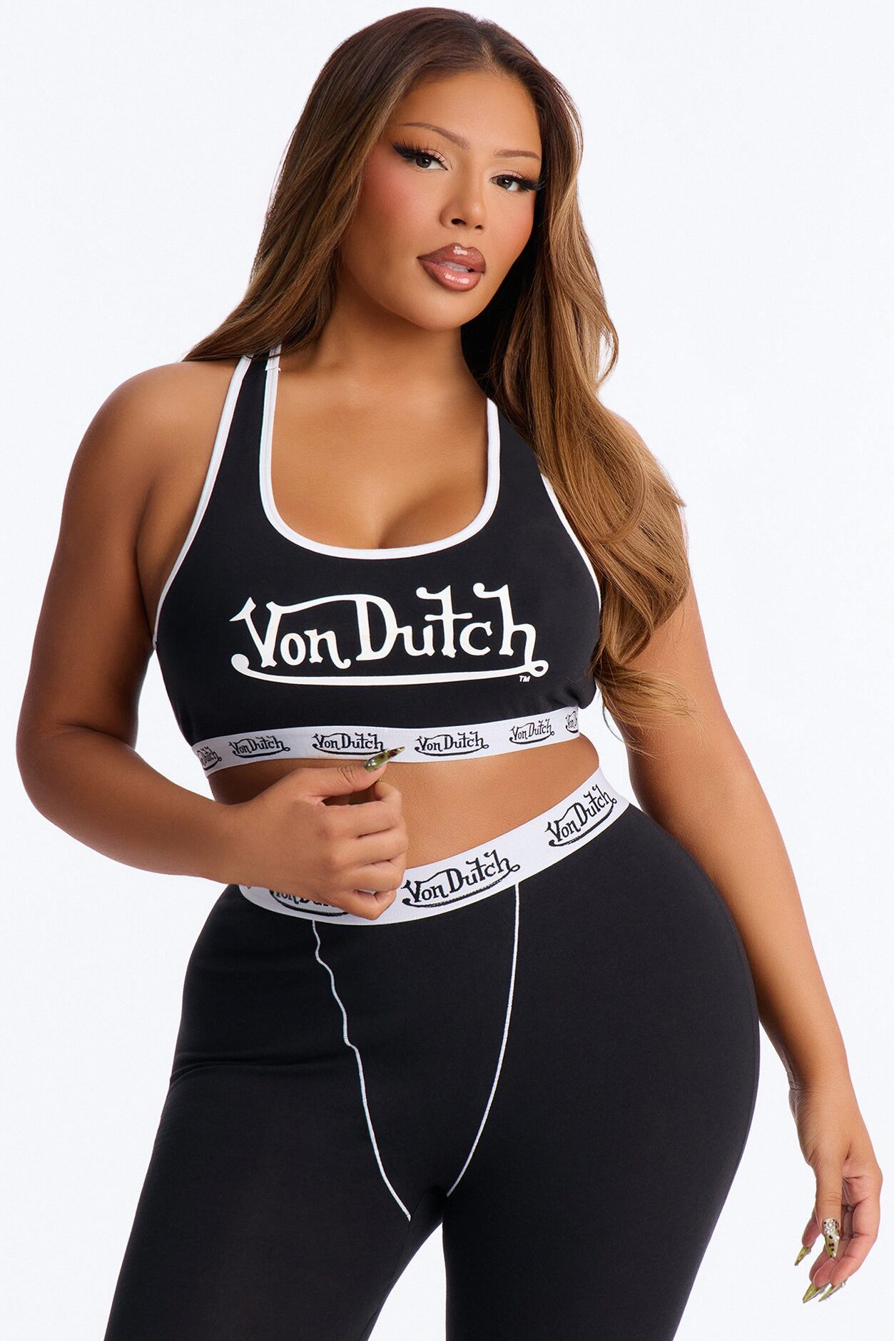 Von Dutch Contrast Stitching Bralette PJ Legging Pant Set - Black