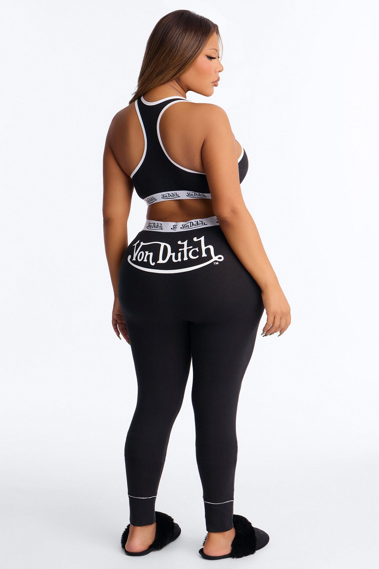 Von Dutch Contrast Stitching Bralette PJ Legging Pant Set - Black